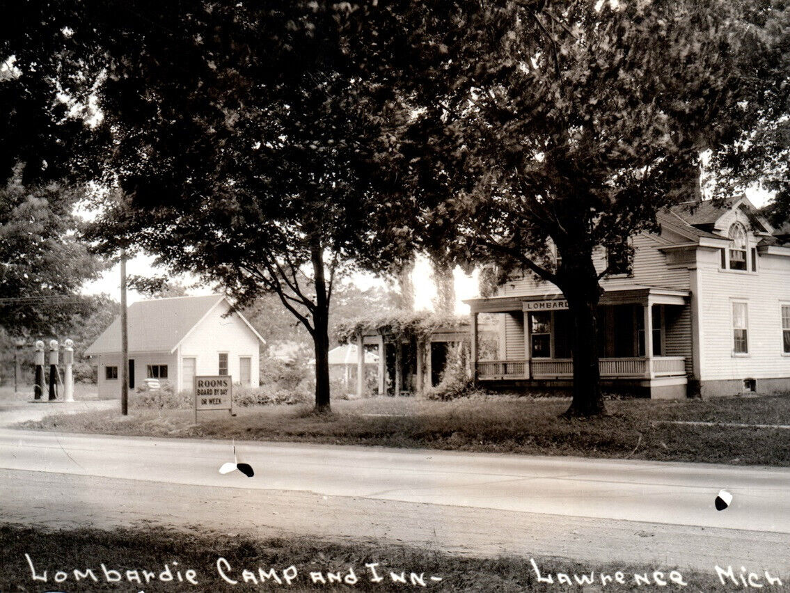 Lawrence Michigan Gas Station Lombardie Inn Camp Real Photo Postcard RPPC