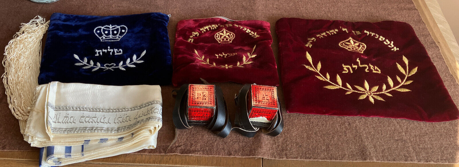 Vintage leather Tefillin, Jewish  Tallit/Tallis prayer shawl, and 3 velvet bags