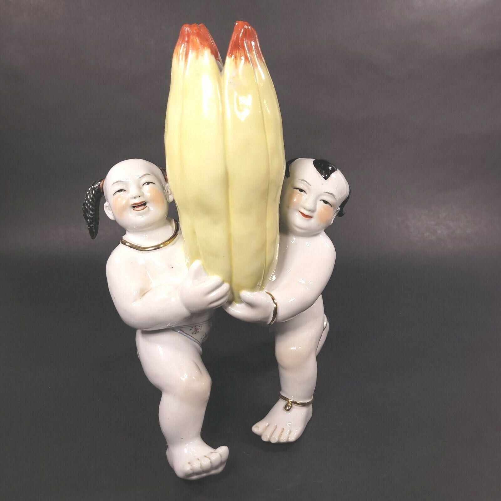 Vintage Chinese Porcelain HE HE ERXIAN Twins Vase Holding Fruit Flower