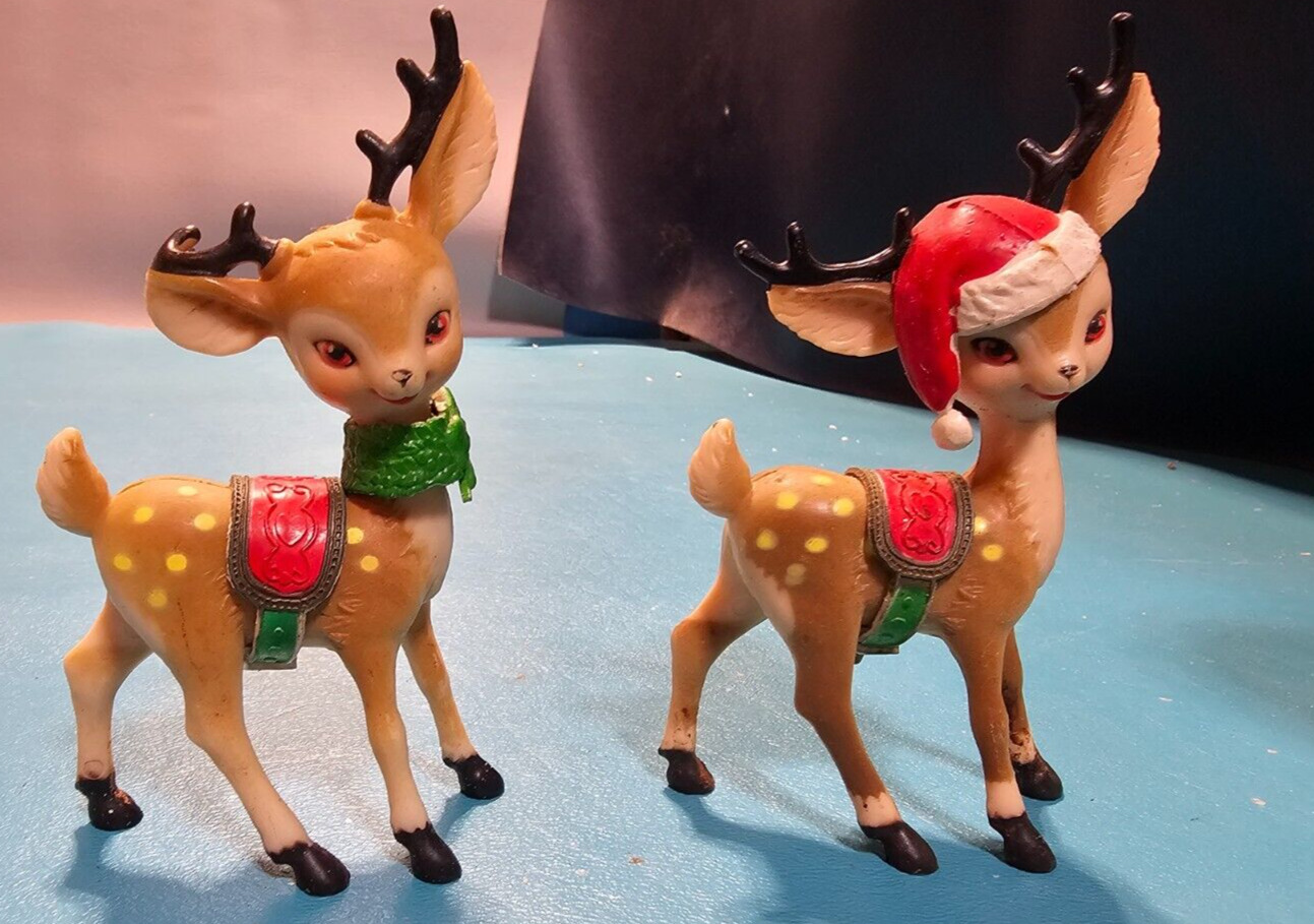 2 Vintage Christmas Fawn Reindeer Plastic Santa Hat Holiday Deco Figurine 4” X 3