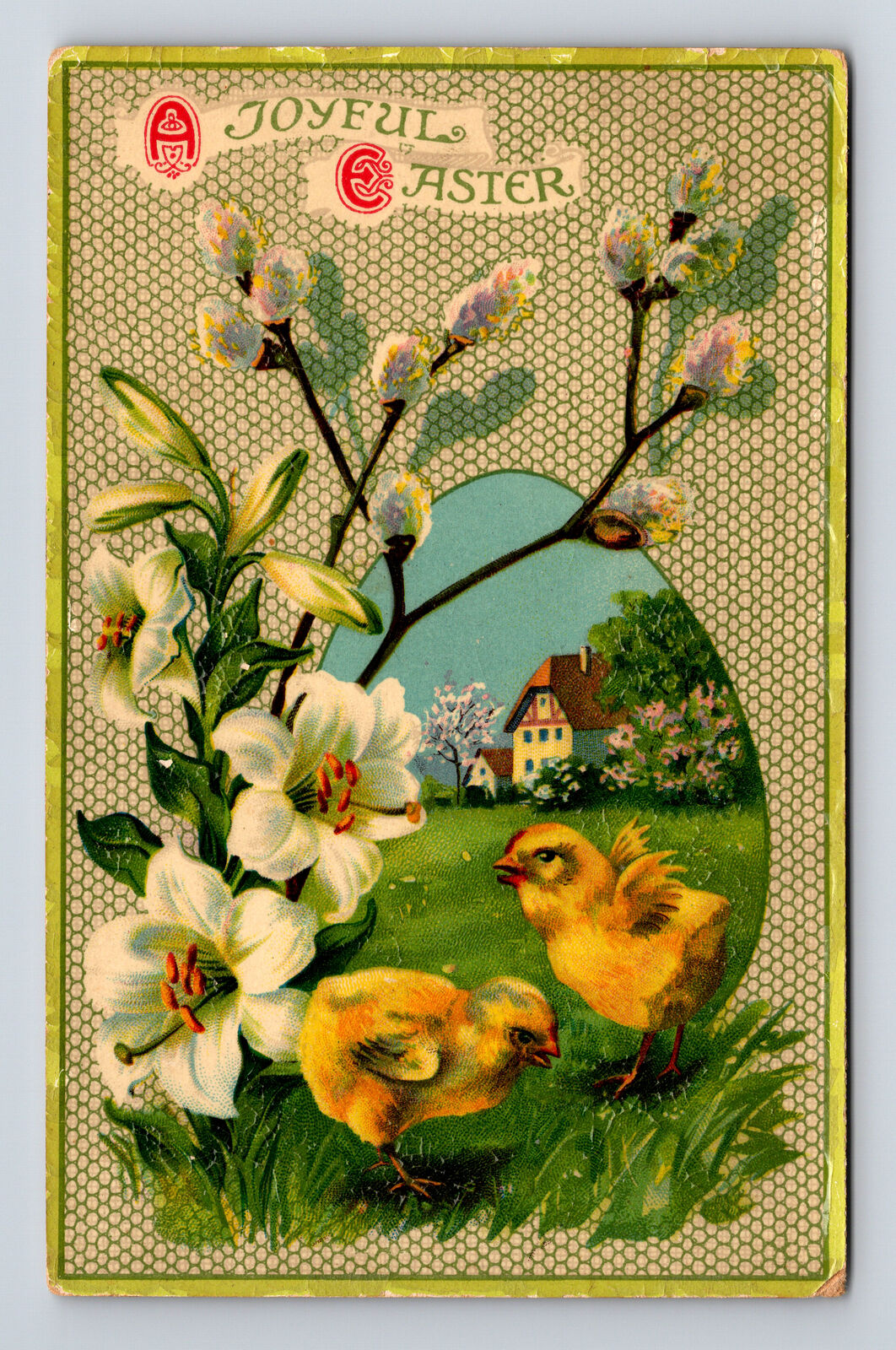 c1910 Gel Coated Joyful Easter Chicks Willows Flowers Cottage Spring Postcard