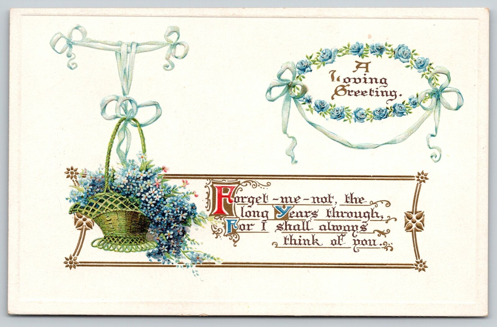 Vintage Victorian Flowers~Hanging Baskets of Forget-Me-Nots~Blue Roses~Postcard