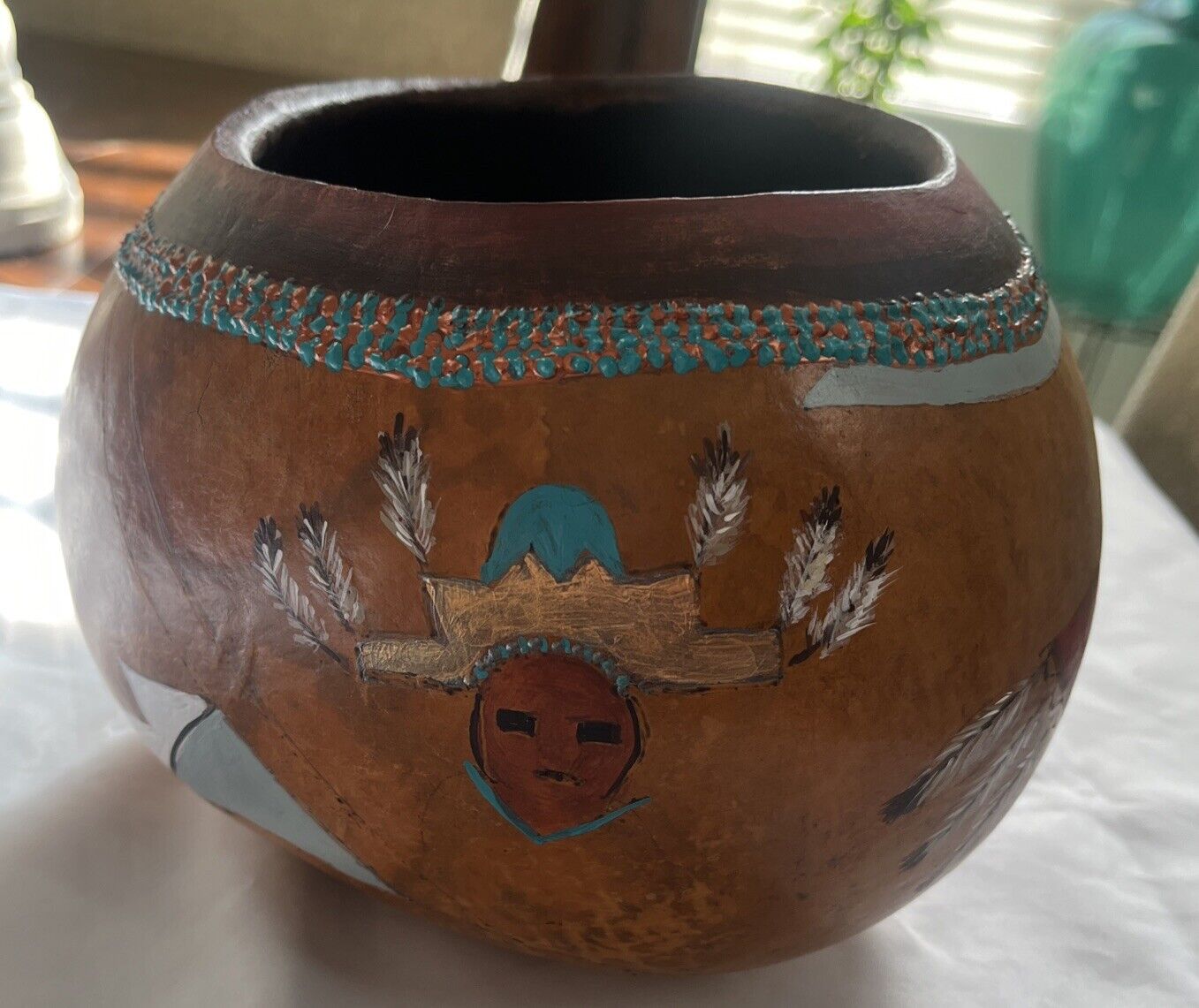 Vintage Native American Southwestern Gourd  Bowl Hand Painted Artist Signed 5”