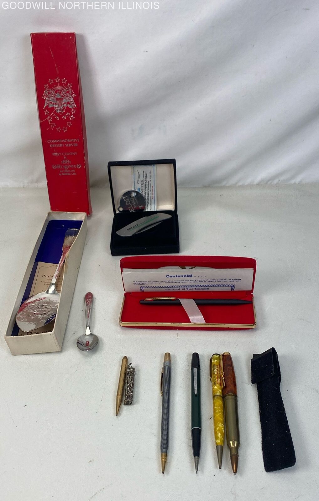 Misc. Collectibles: Pens, 1881 Rogers Bicentennial Cake Server, Pocket Knife +