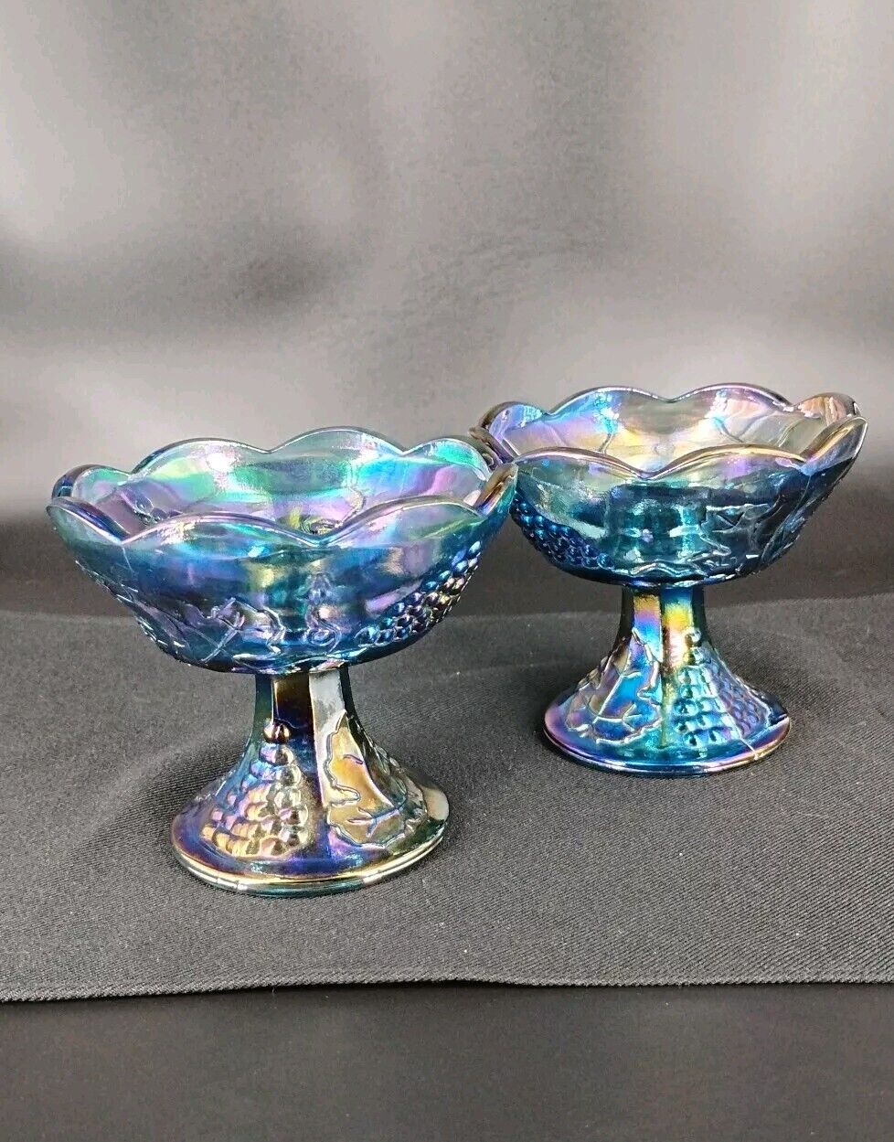Vintage Indiana Glass Blue Carnival Harvest Grape Taper Candle Holder Pair Set