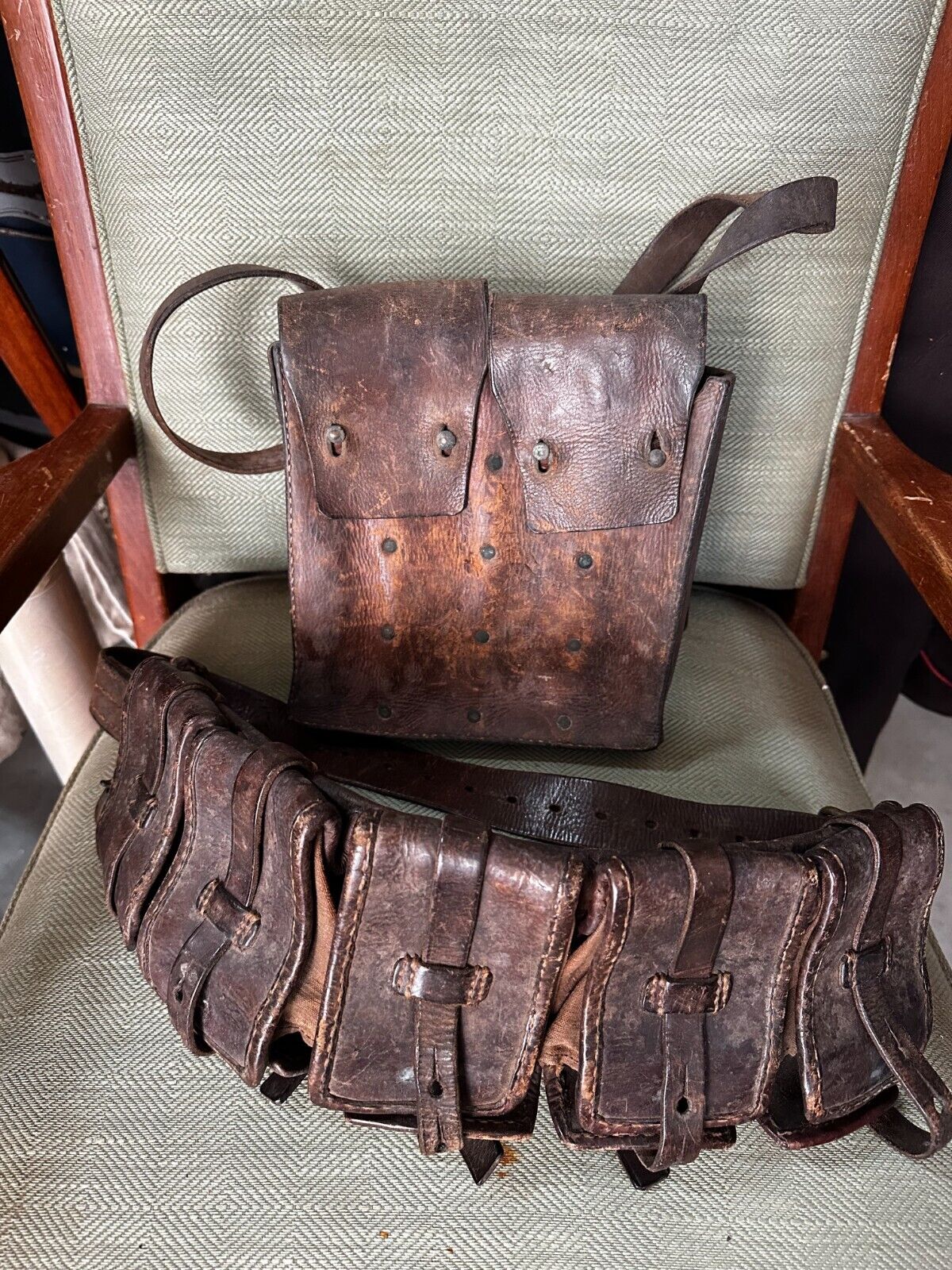 Belt with cartridge belts and leather bag from the 1st World War, I think Swedis