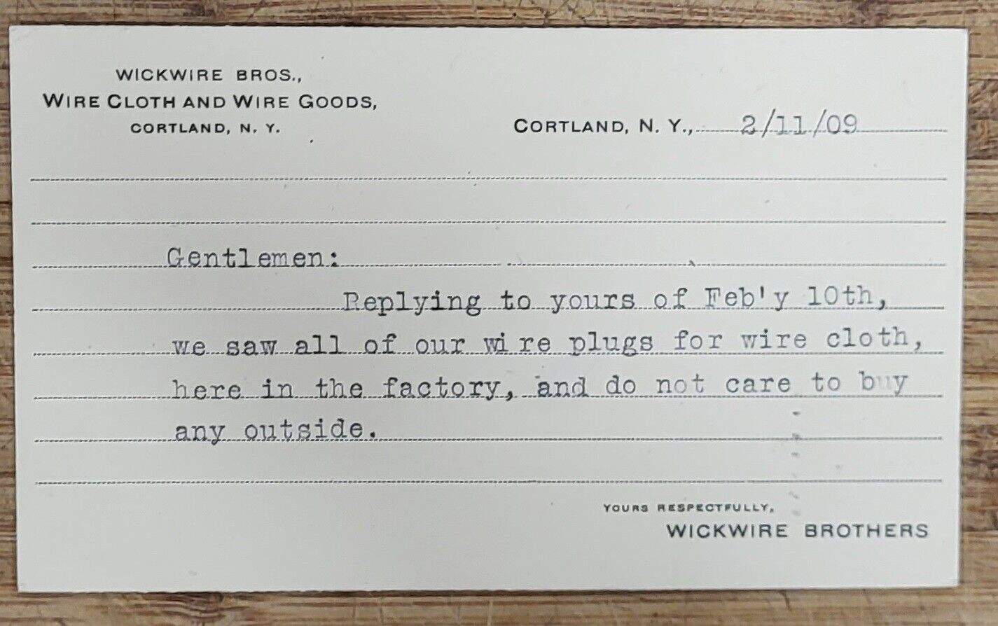 1909 Post Card New York Bleecker Peter\'s Cortland Wickwire Brothers Wire Cloth