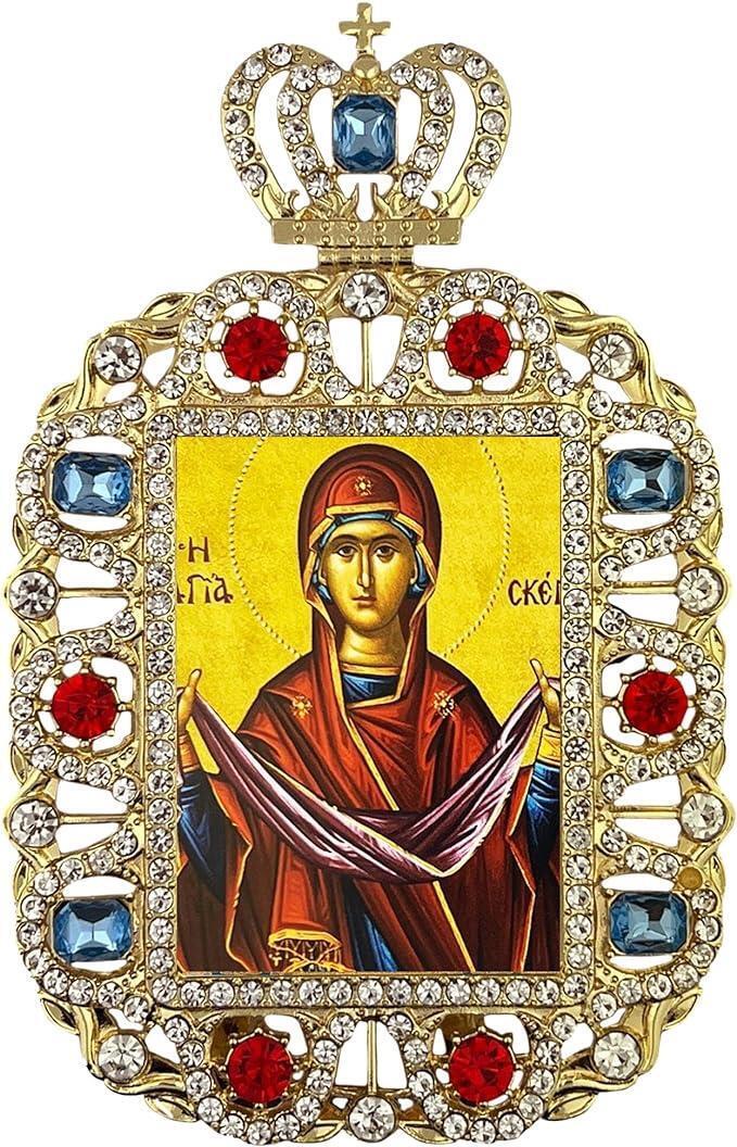 Ornate Protection of Virgin Mary Greek Byzantine Gold Tone Framed Icon 5.75 In