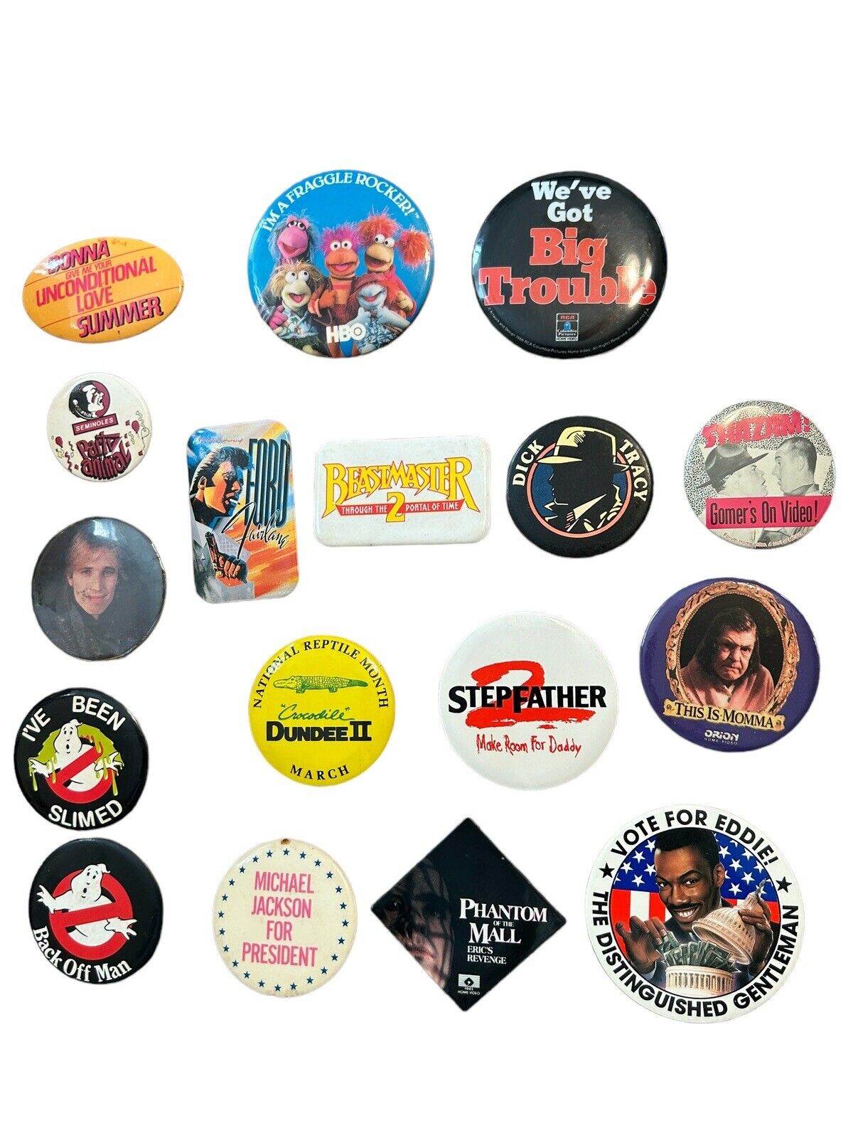 Lot 17 Vintage Button Pins Pinbacks Horror Ghostbusters Comedy Movies Music