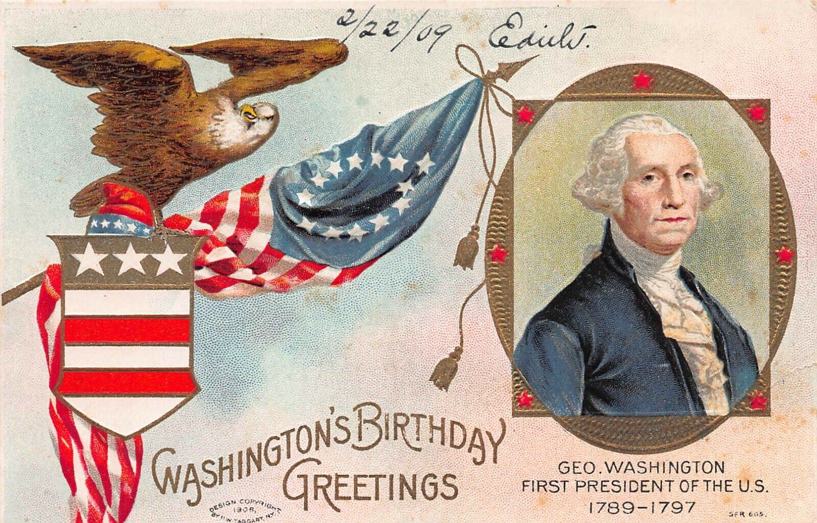 George Washington's Birthday, 1908 Patriotic Postcard, published by W. Taggart