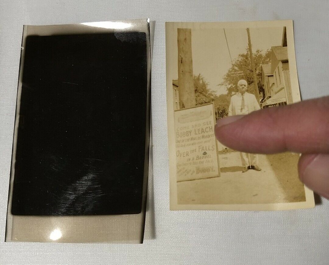 Historic Photo & Negative Bobby Leach Niagara Falls NY Daredevil Rare Antique 