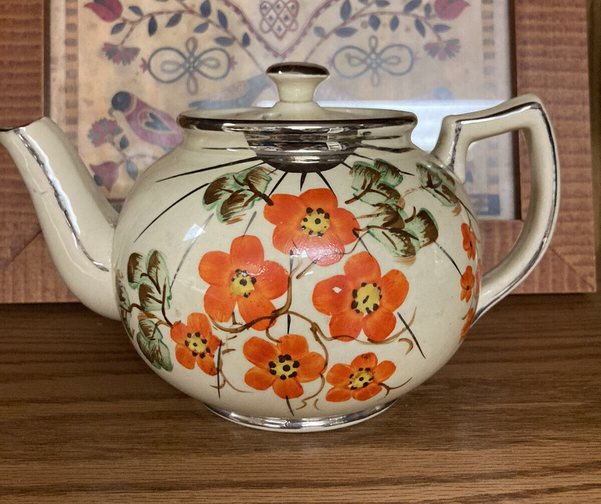 Vintage 1930s Arthur Wood England Tea Pot Orange Flowers Poppies