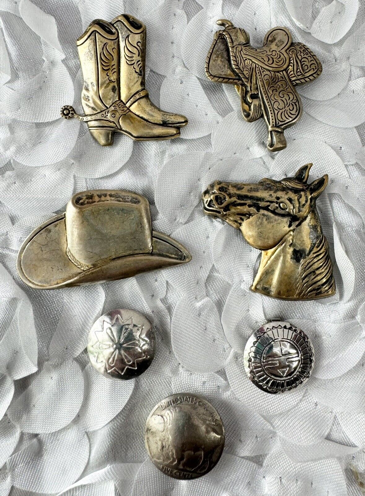 Vintage Set 7 Western Button Covers Brass Silver  Tone Cowboy Sweater Button