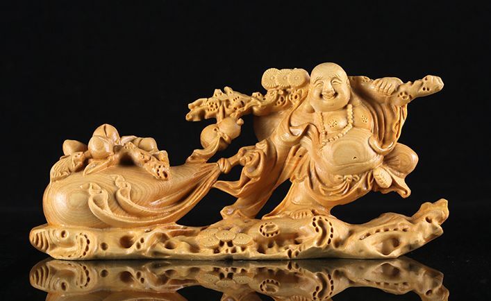 11 CM  Long Carved Boxwood Figurine Carving : Wealthy Buddha