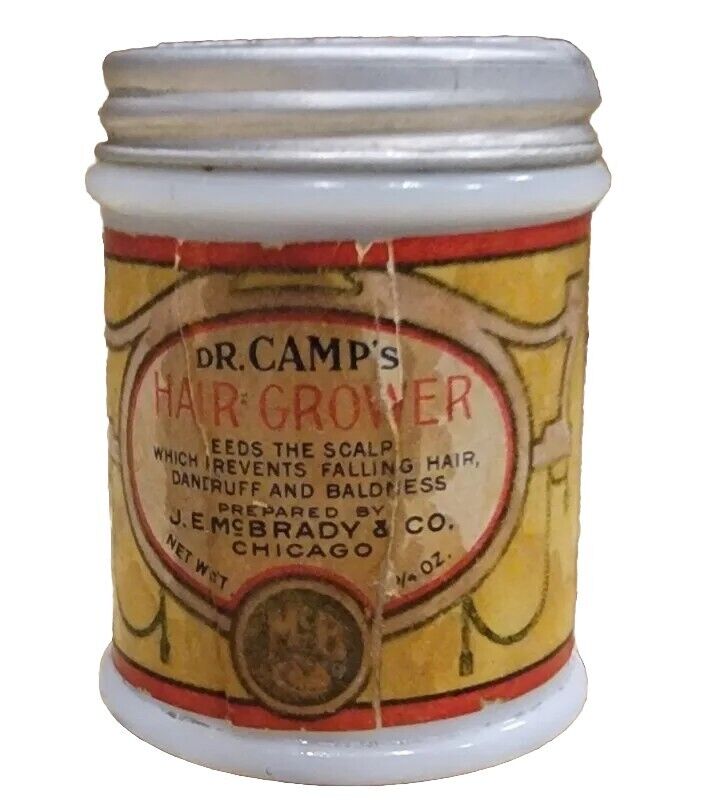 Vtg Dr Camp\'s Hair Grower Small White Glass Bottle Chicago RARE