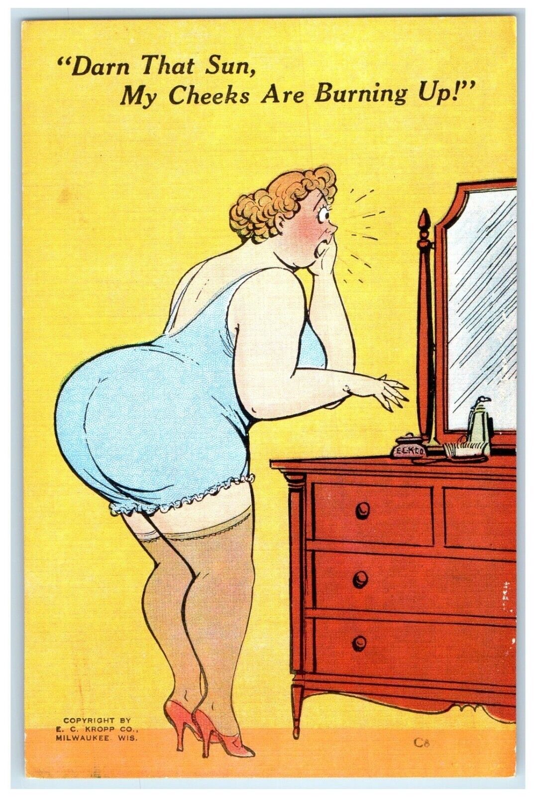 c1930\'s Fat Woman Big Butt Mirror My Cheeks Are Burning Up Vintage Postcard