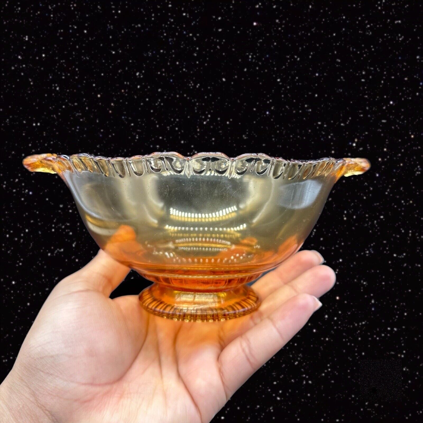 Vintage Amber Glass Bowl With Handles Footed Bowl Glass Dish 7.5”W 3”T