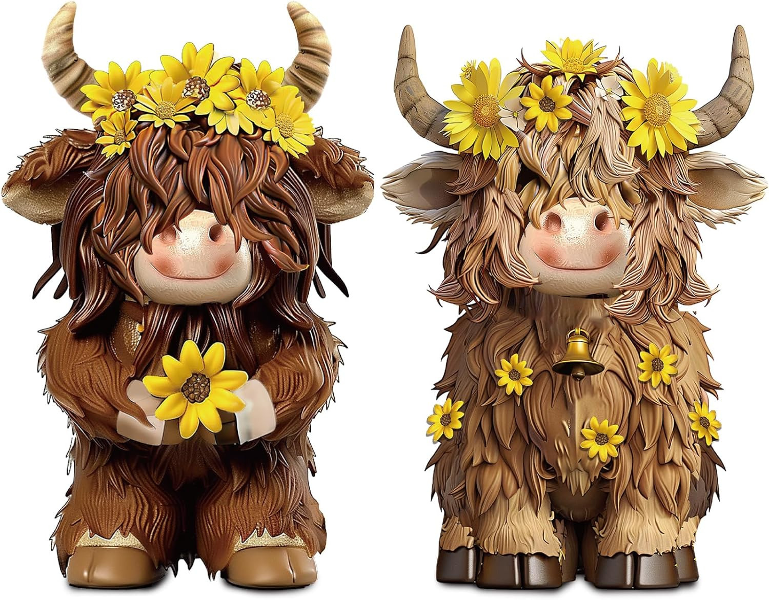 2 Pack Highland Cow Brown Scottish Highland Cow Gnomes with Sunflower Resin 