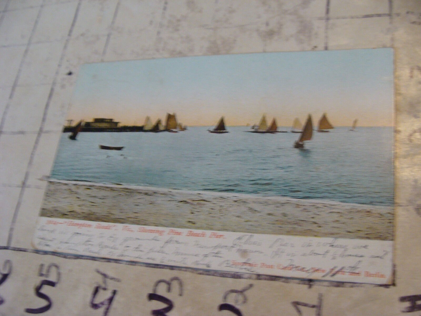 Orig Vint post card 1907 HAMPTON ROADS VA, showing pine beach pier, boats