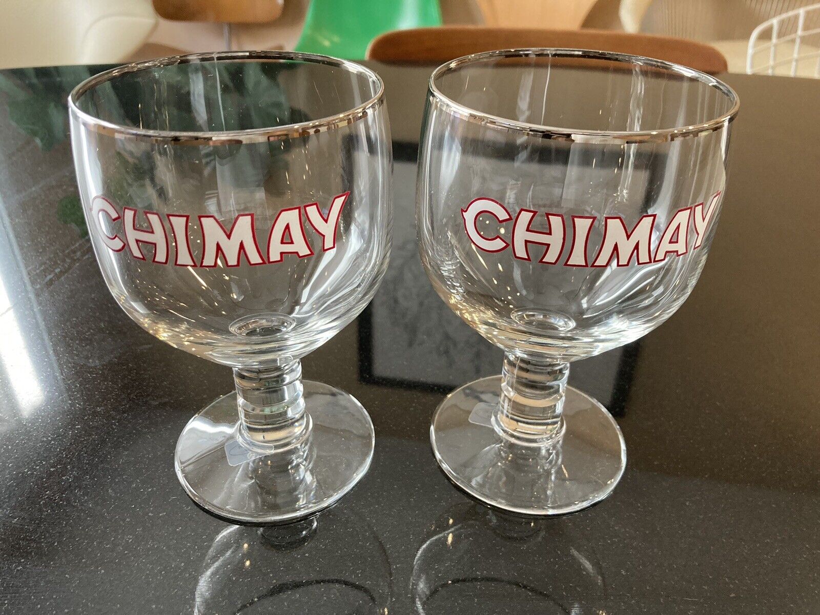 Chimay Beer Glass Chalice Stemmed 16 oz Silver Rimmed Set of Two Made In Italy