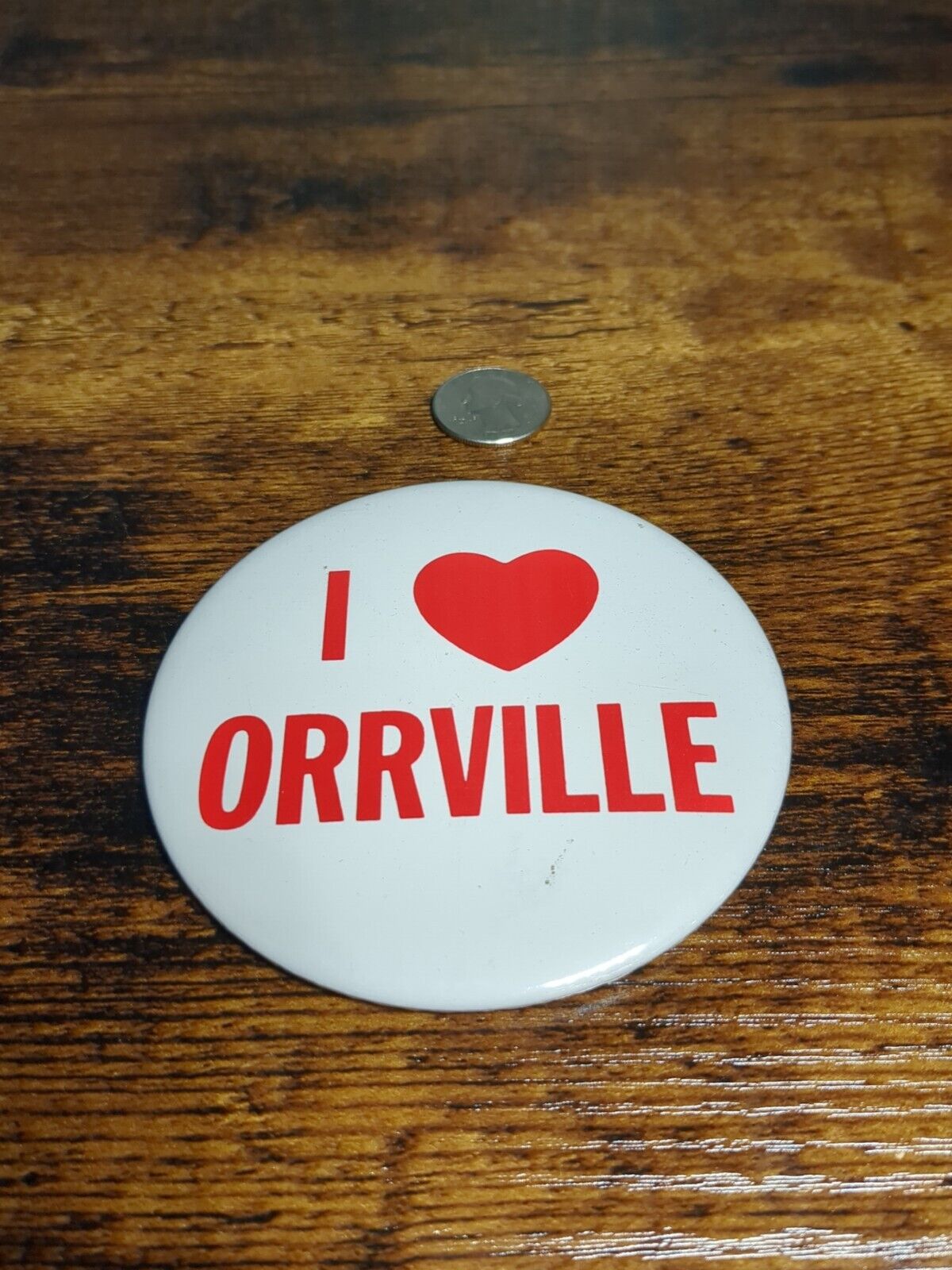 Vintage Pinback Buttons Orville Ohio Love ❤️ White Red Large Great Shape