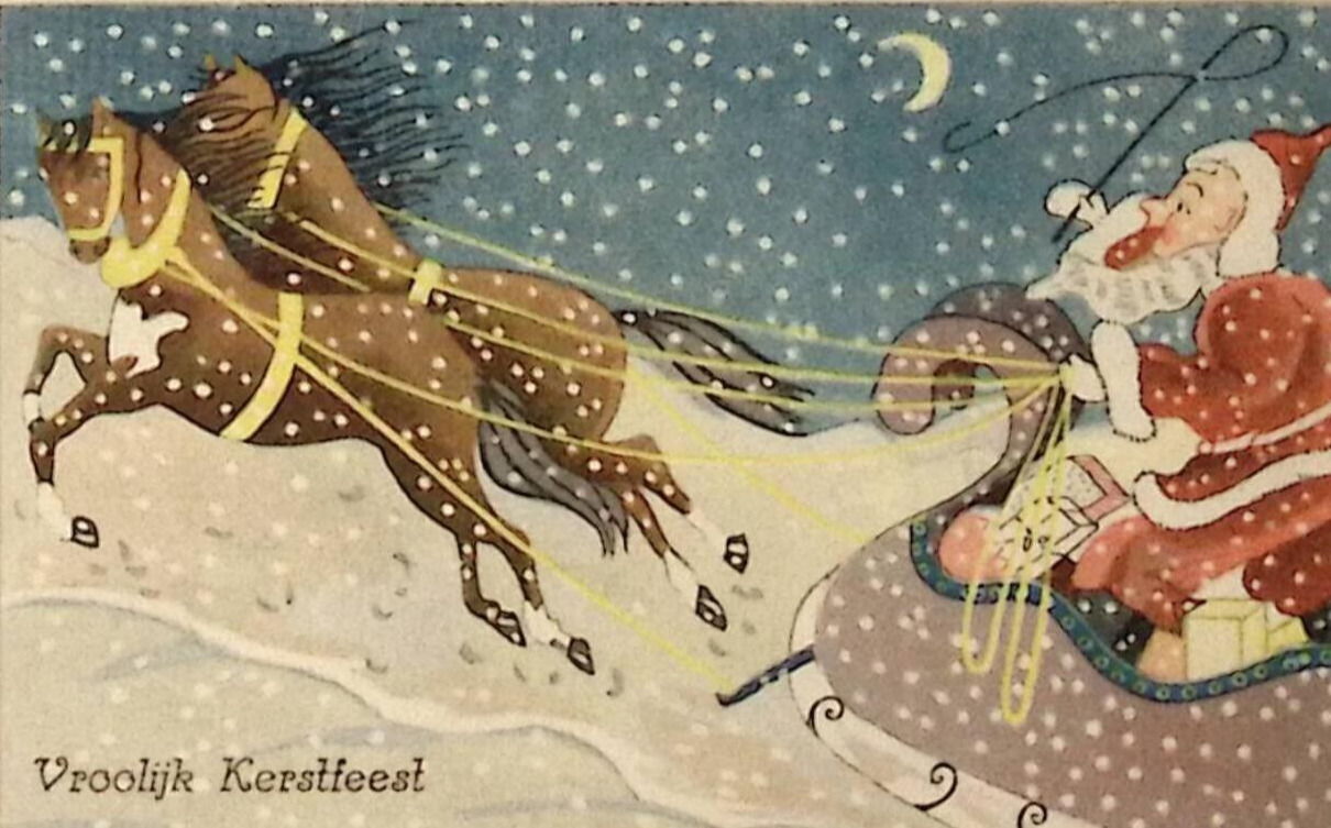 c1930s DUTCH Christmas Postcard SKINNY Santa Drives Horse Sled Crescent Moon