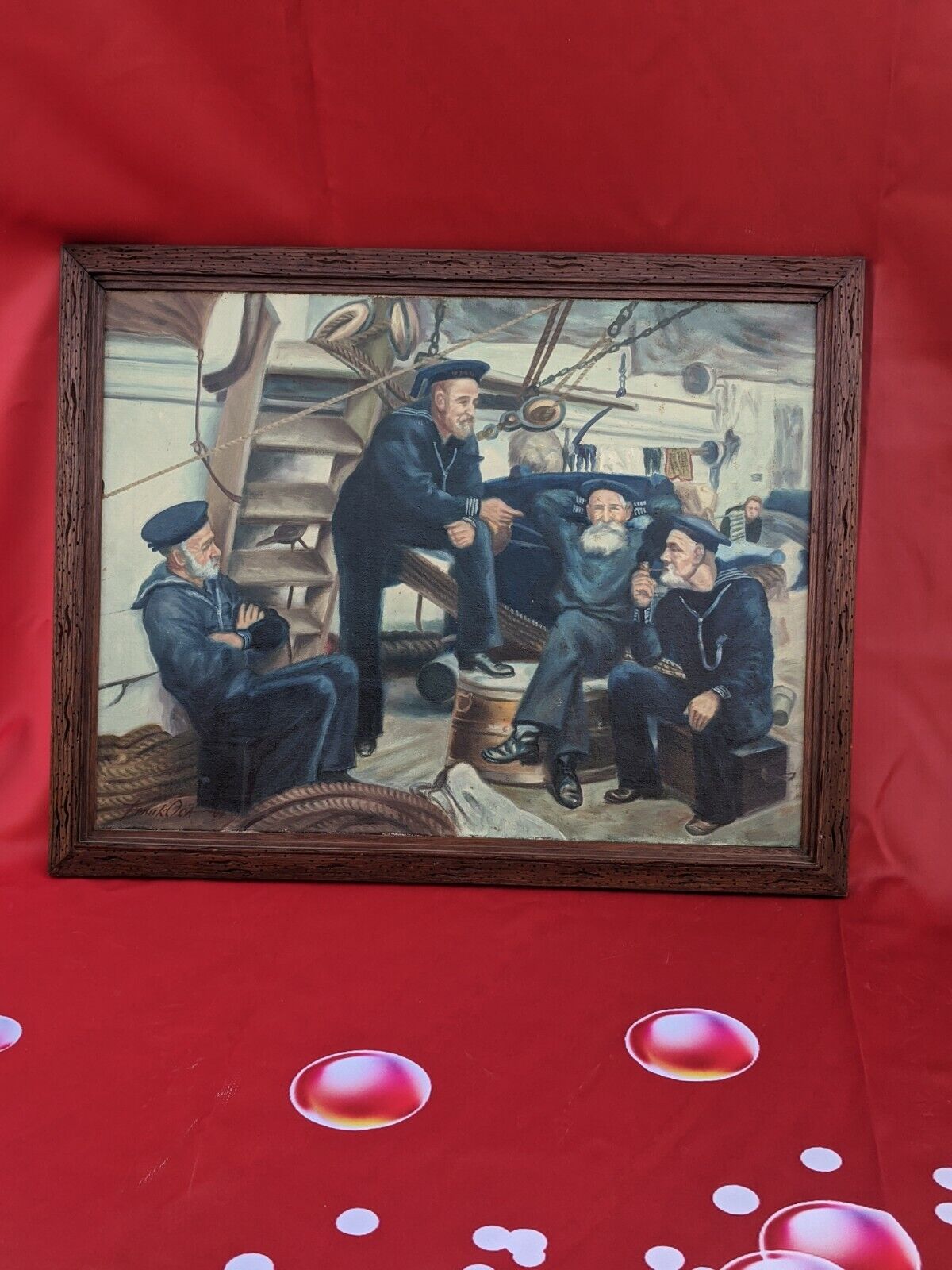 KN-10866 THE OLD NAVY (SPINNING A YARN ABOARD USS MOHICAN, 1888) OIL ON CANVAS, 
