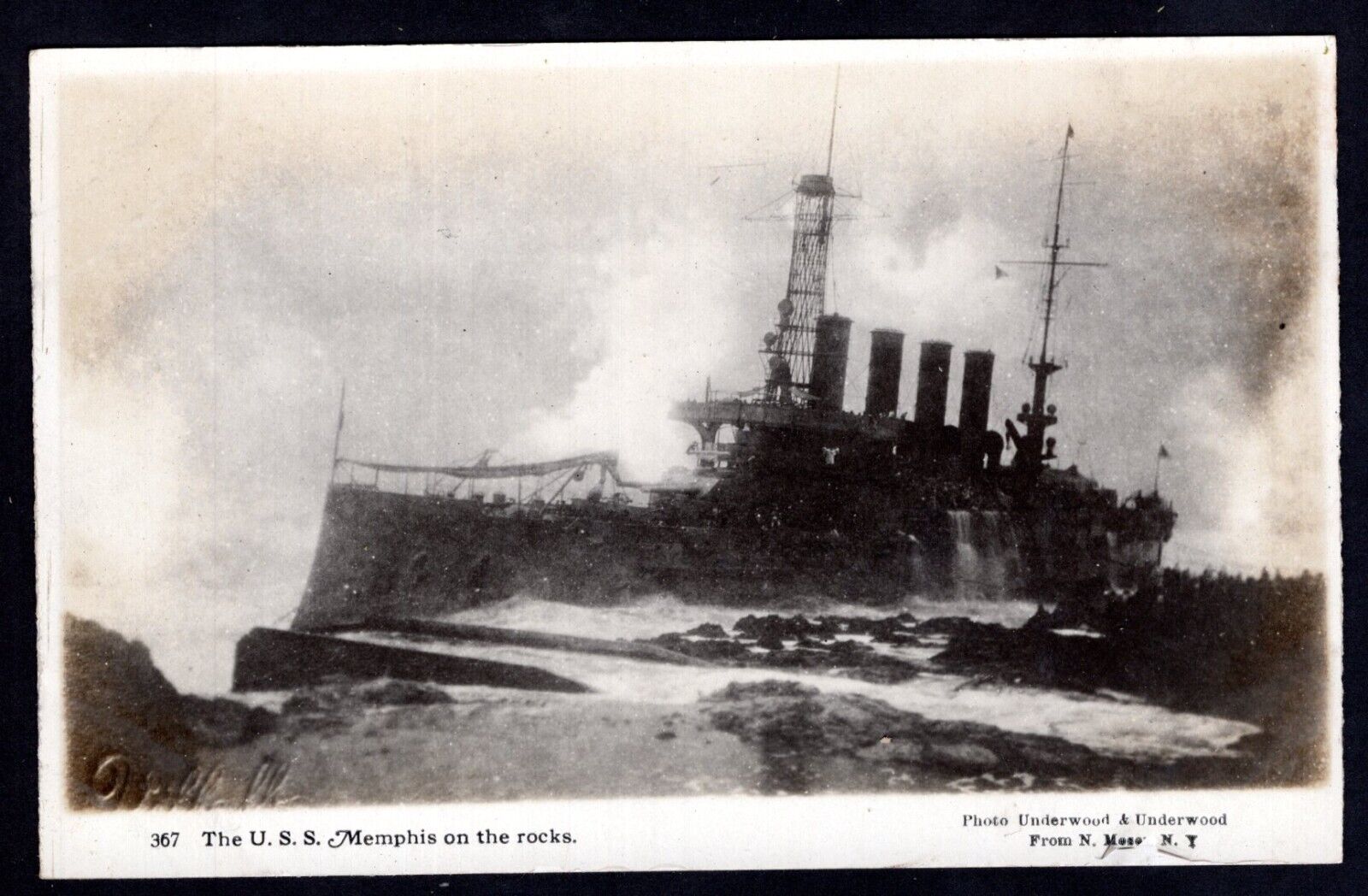 USS Memphis Battleship On The Rocks RPPC Real Photo Vintage Postcard N. Moser NY