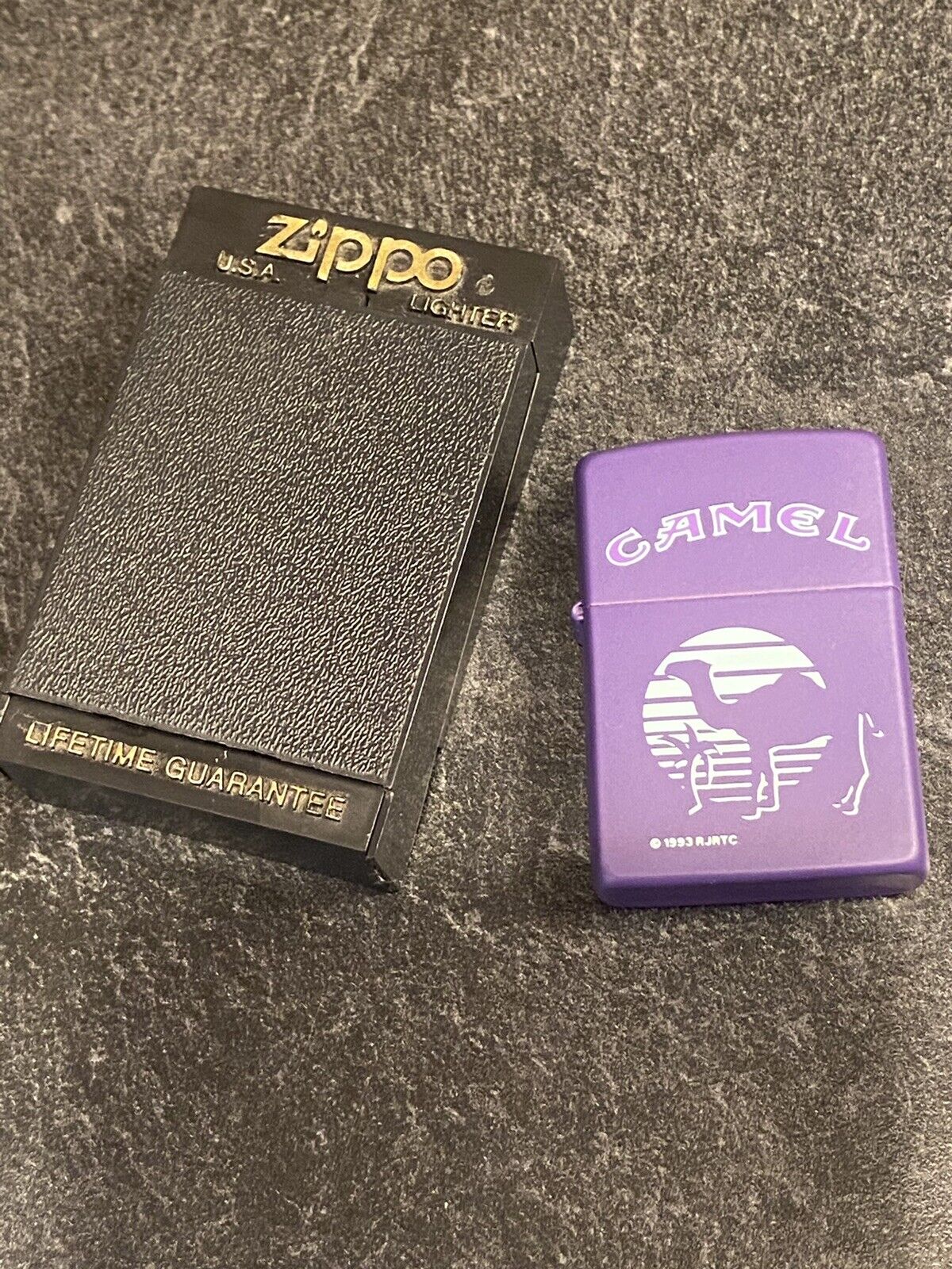 NEW 1993 Camel Zippo Lighter Classic Logo Matte Purple Palm Tree Unfired W Case