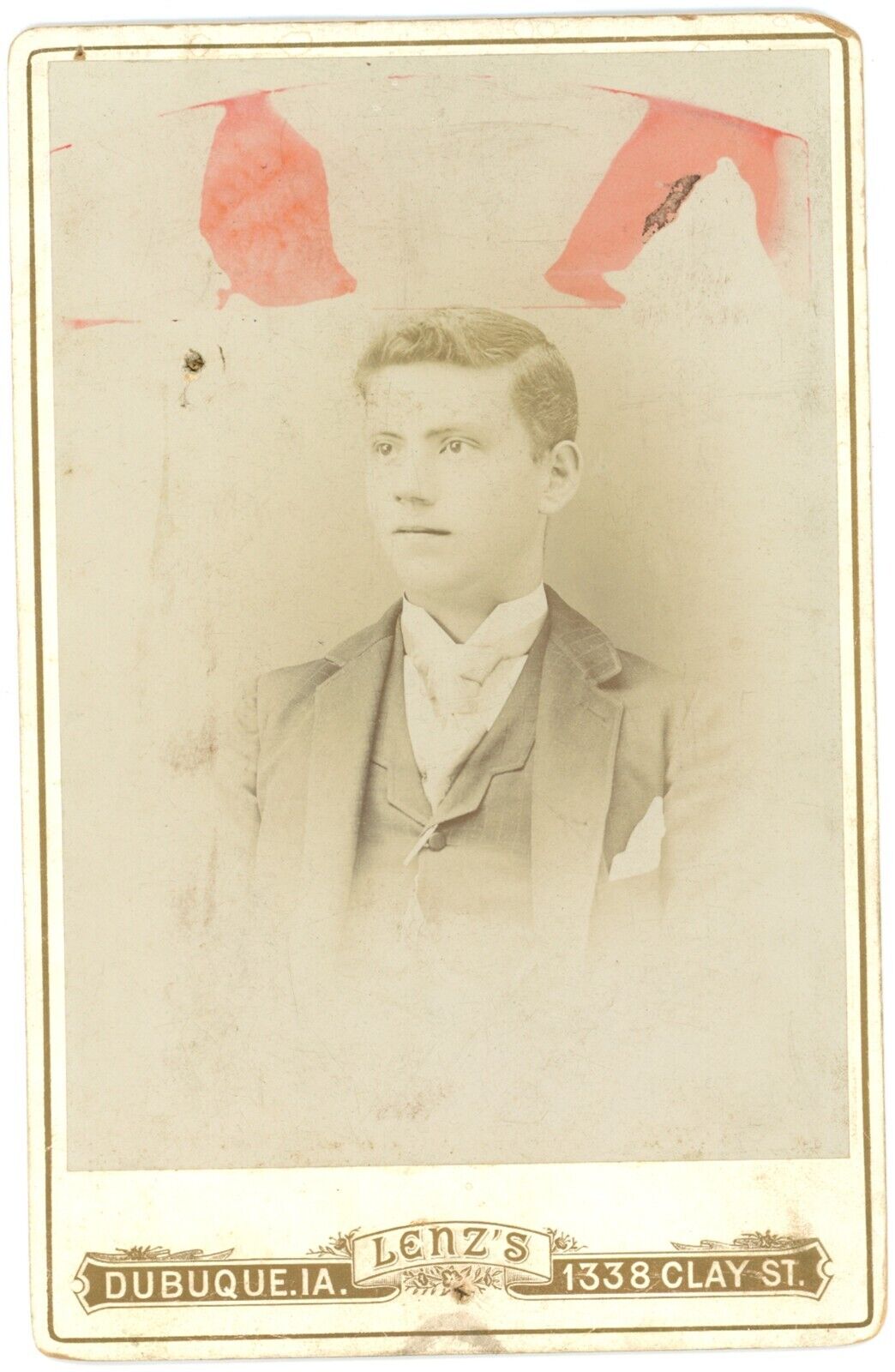 CIRCA 1880\'S  CABINET CARD Handsome Clean Cut Young Man in Suit Lenz Dubuque, IA