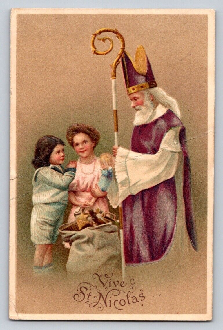 c1910 Purple White Santa Claus Woman Child Embossed Christmas P270