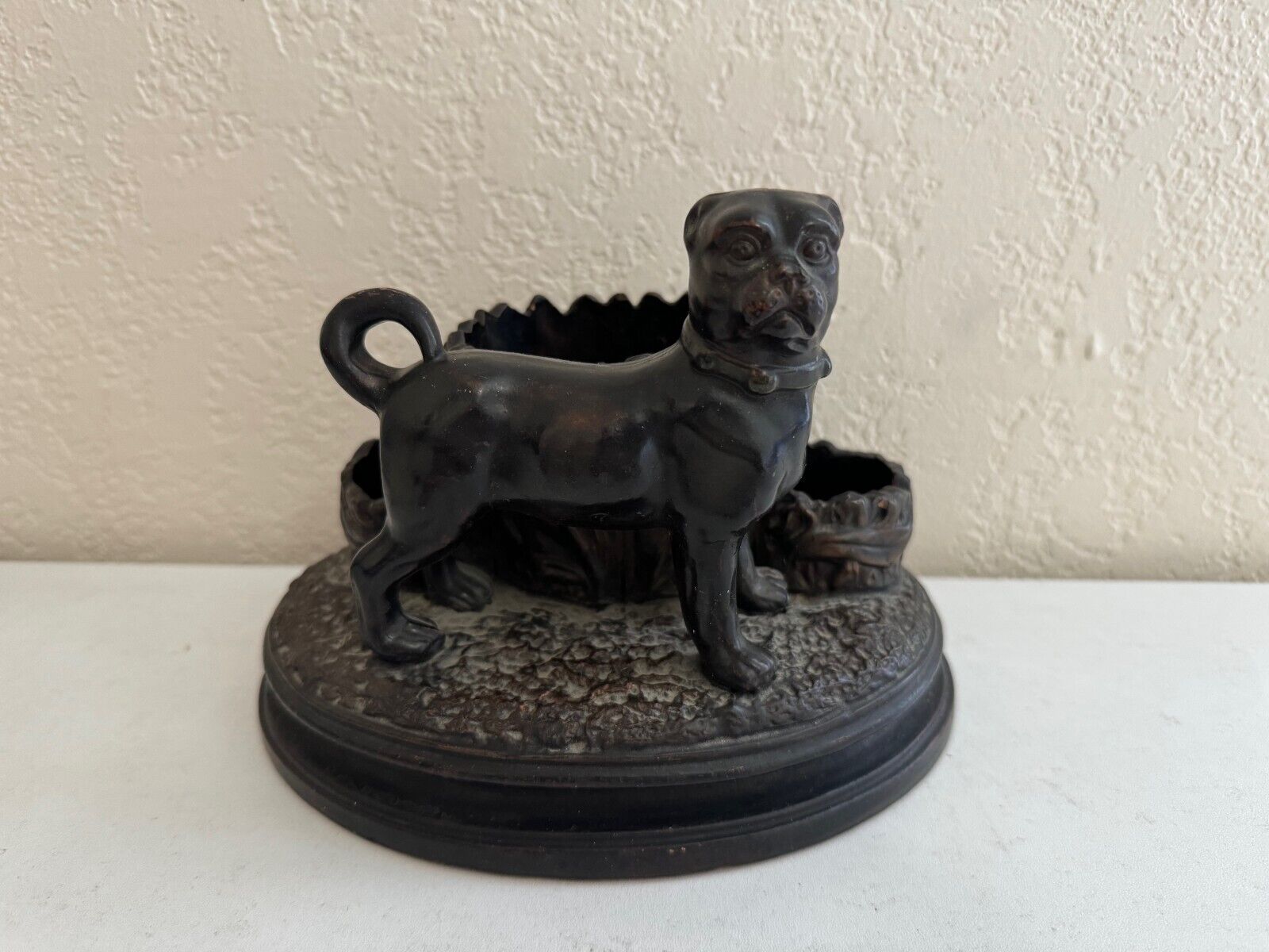 Antique Terra Cotta Ceramic Large Dog Match Holder w/ HB Mark