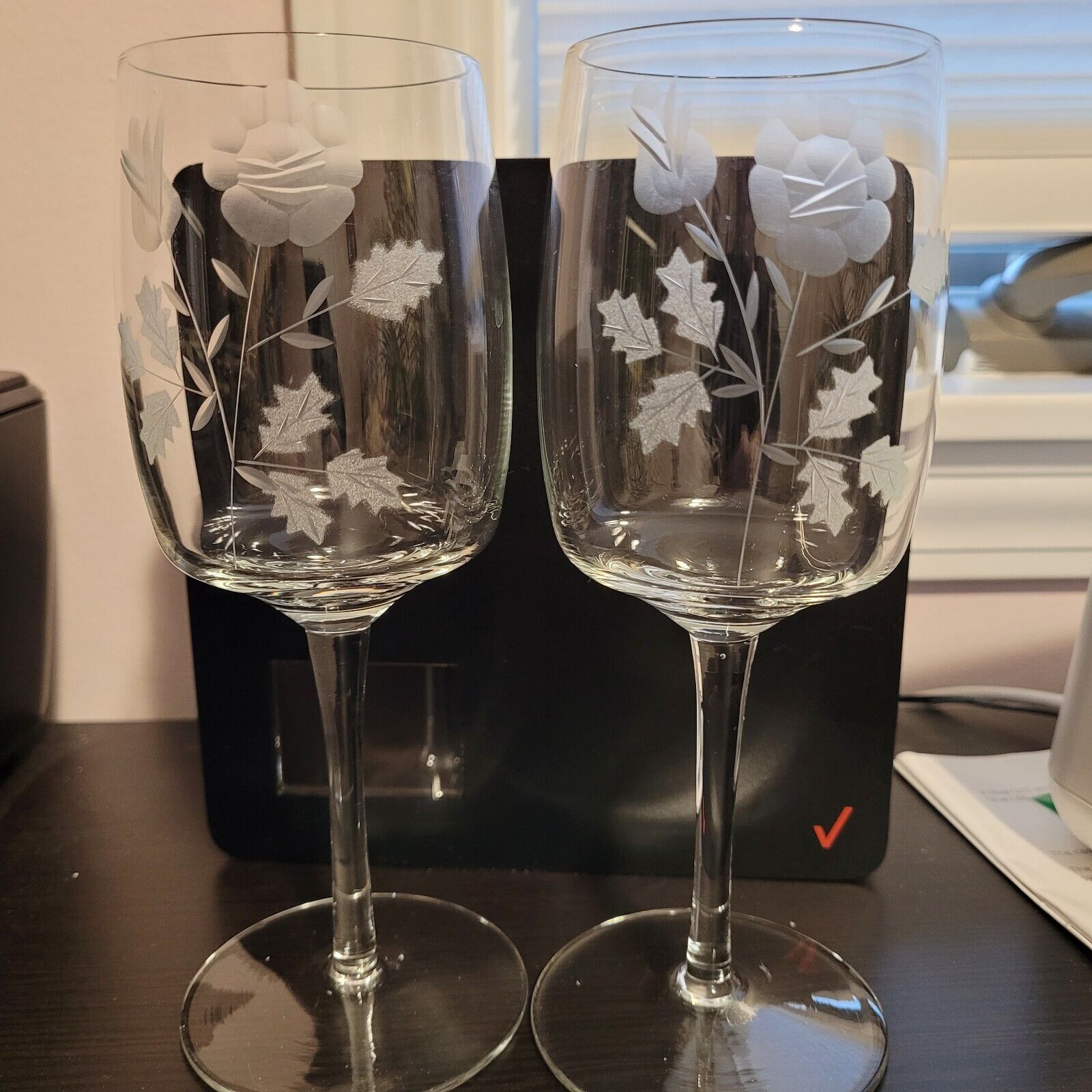2- Beautiful Vintage Clear Etched Crystal Wine Glasses