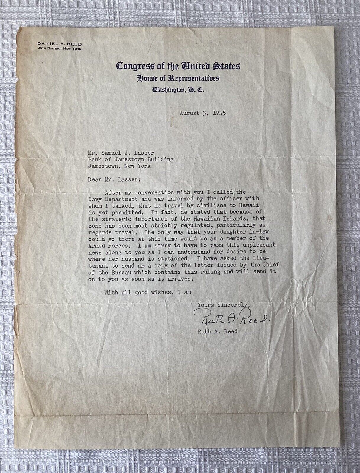 WW2 Era Typed Letter on Congressman Daniel A. Reed Letterhead, 1945