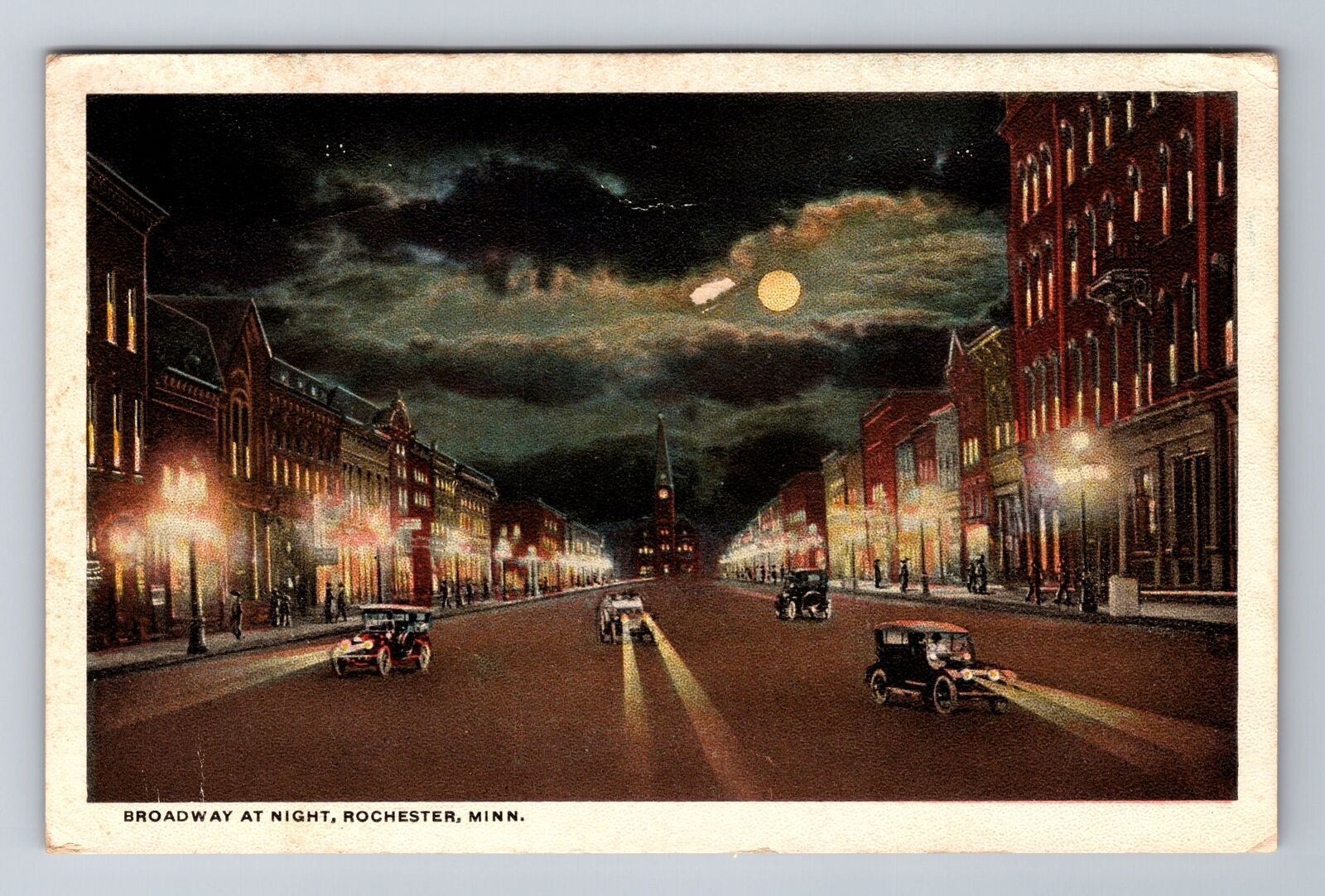 Rochester MN-Minnesota, Broadway At Night, Antique, Vintage Souvenir Postcard