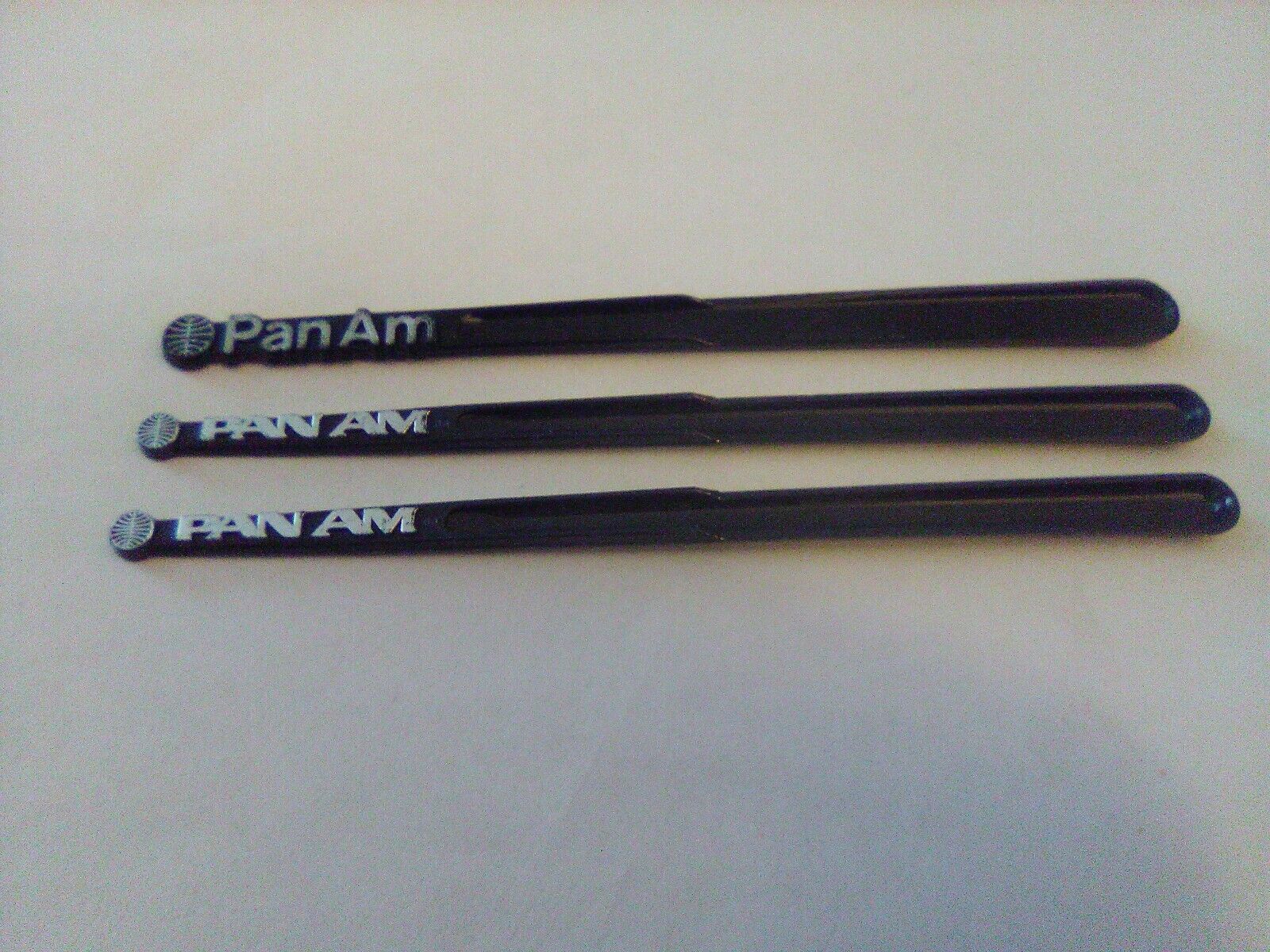 3 PAN AM Airlines Drink Stirrers Swizzle Sticks 1970s 2 fonts Black & Silver