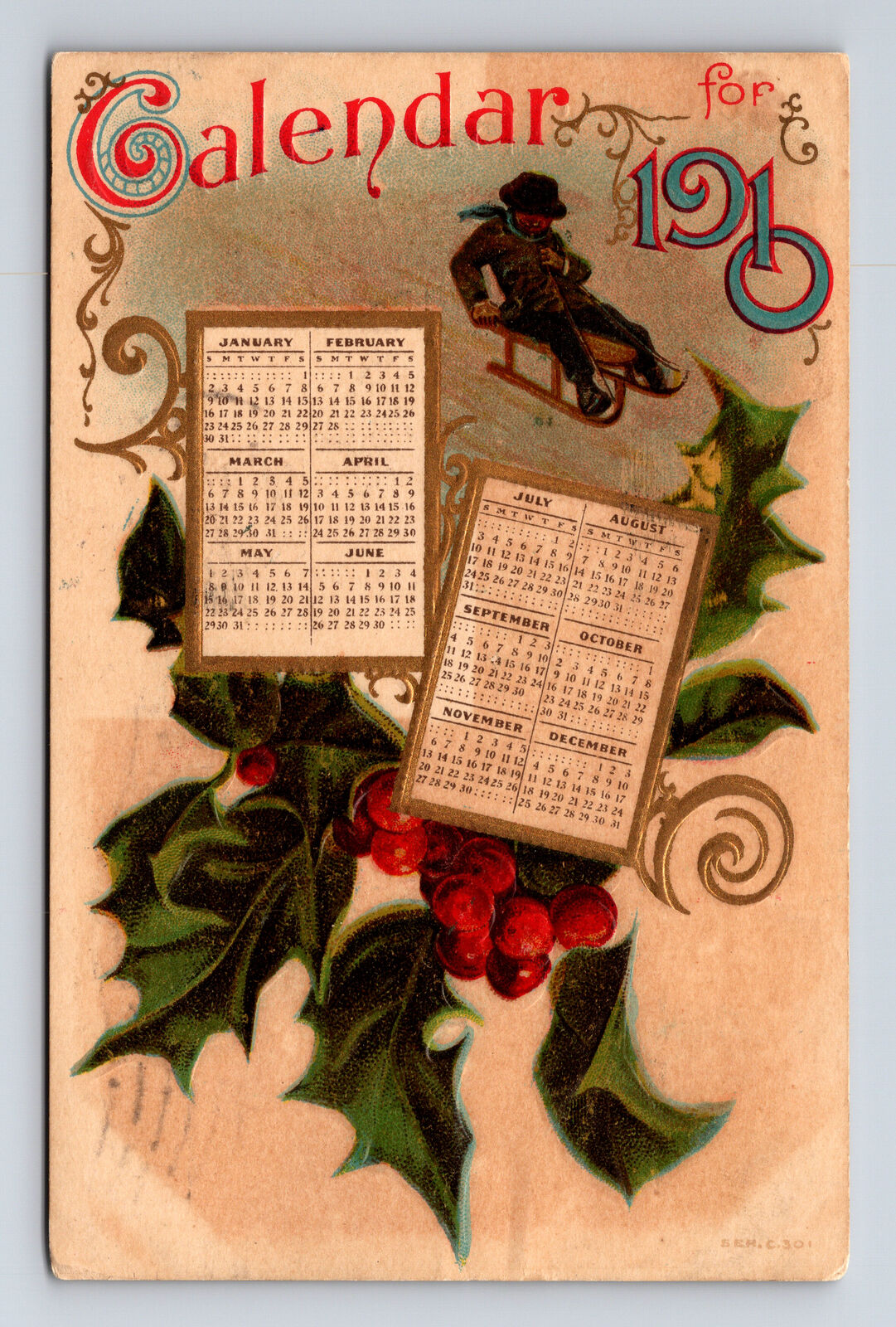 1910 Calendar for 1910 Holly & Boy Sledding in Snow Embossed Postcard