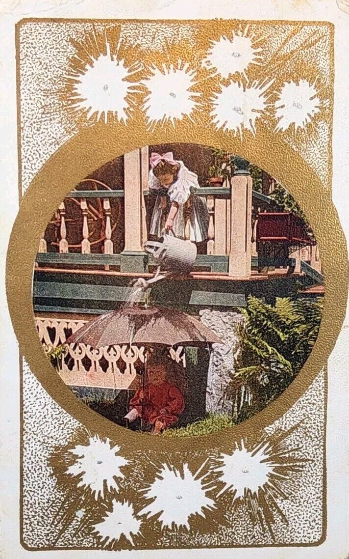 1907 Picture Postcard ~ Mom Watering Her Child In Flower Bed ~ #-5236