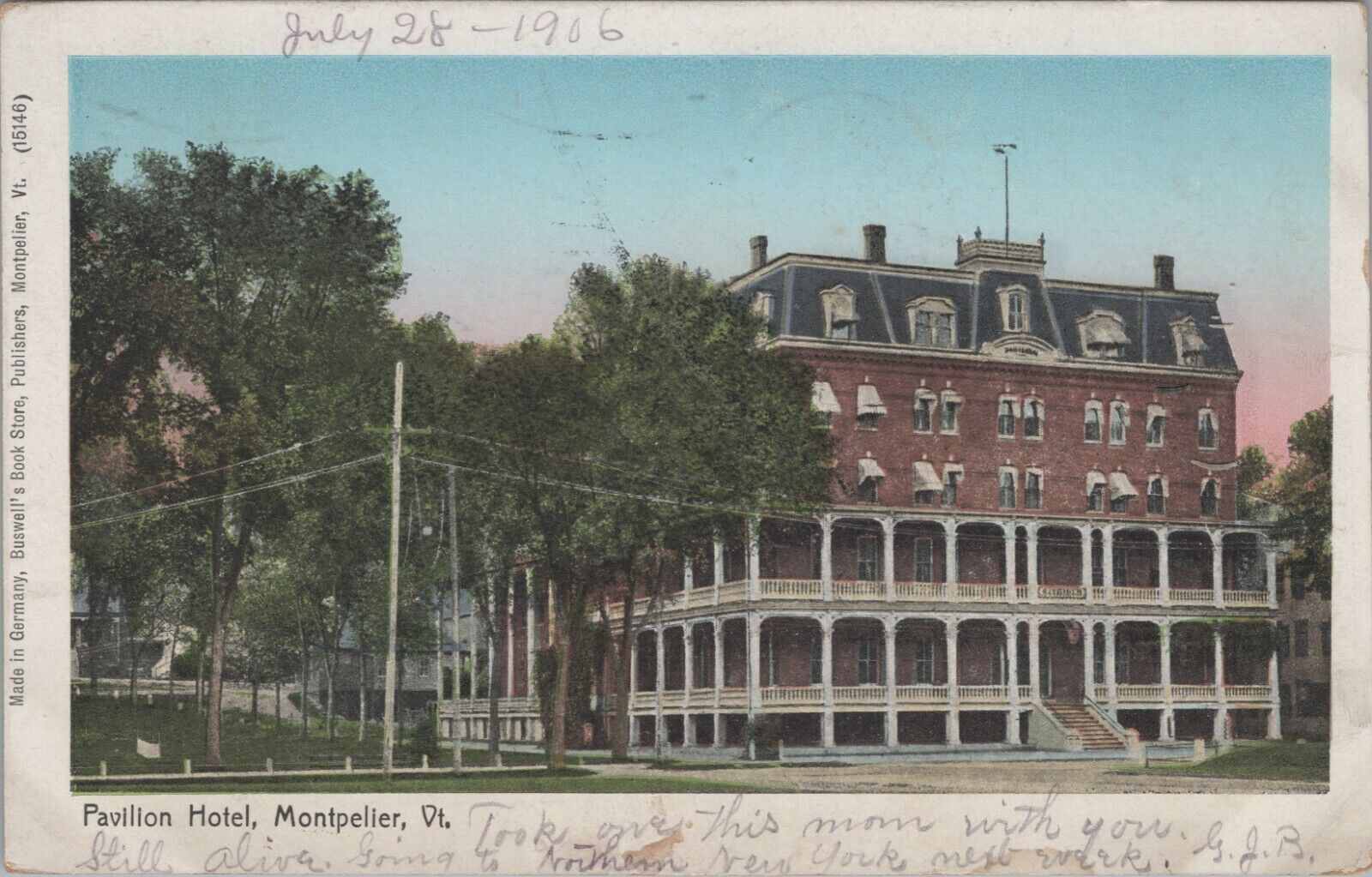 c1905 Pavilion Hotel Montpelier Vermont Buswall\'s Book Stores postcard E87