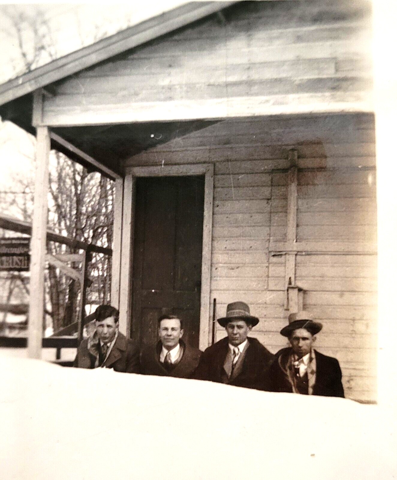 c1920s Men Snowed in on the Porch of Their Home Fedora Hats Original Photo