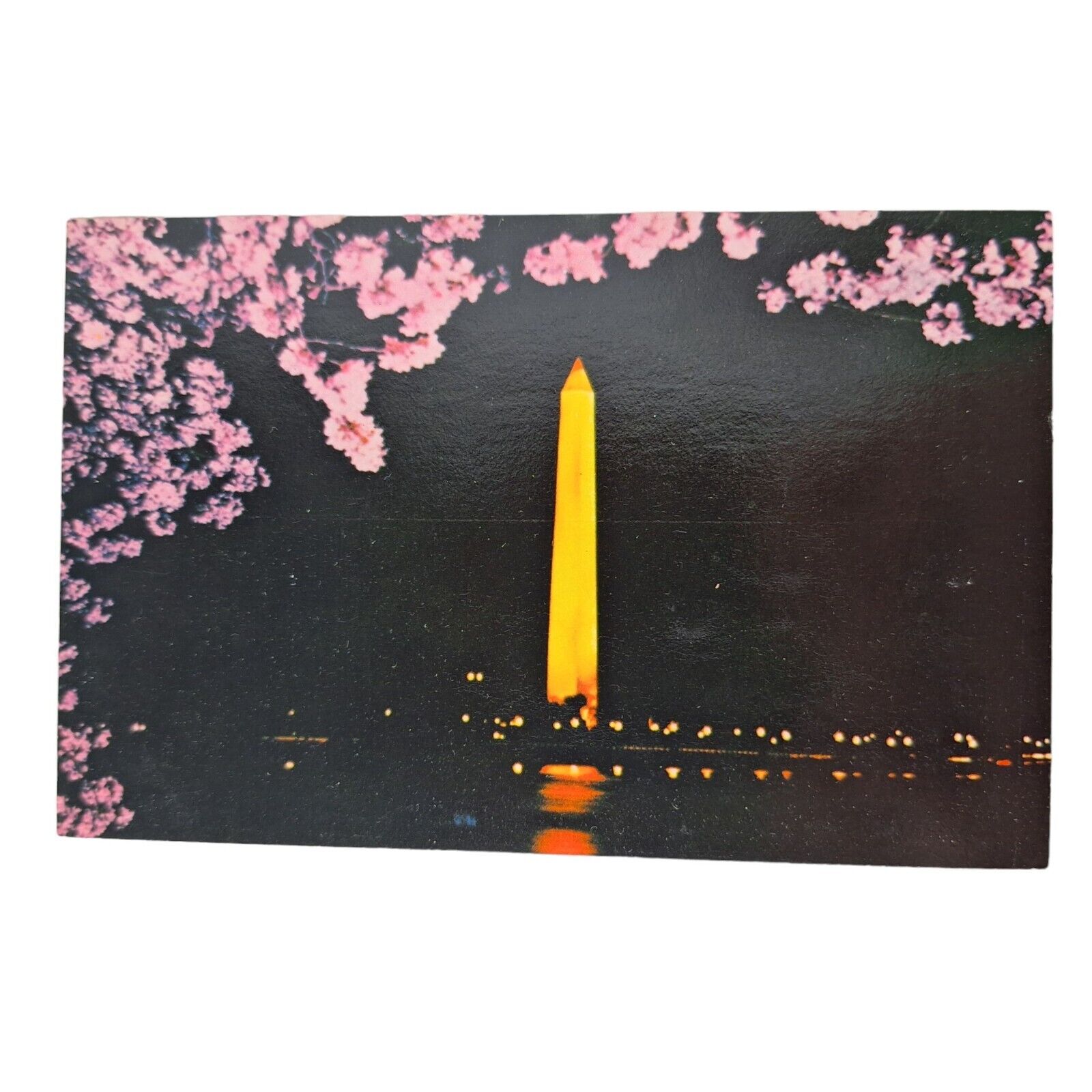 Postcard The Washington Monument At Night Blooming Cherry Trees Chrome Unposted