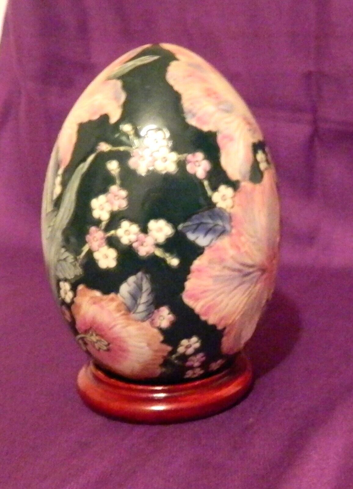 Vintage Hand Painted Porcelain Decorative Egg w/Wood Stand