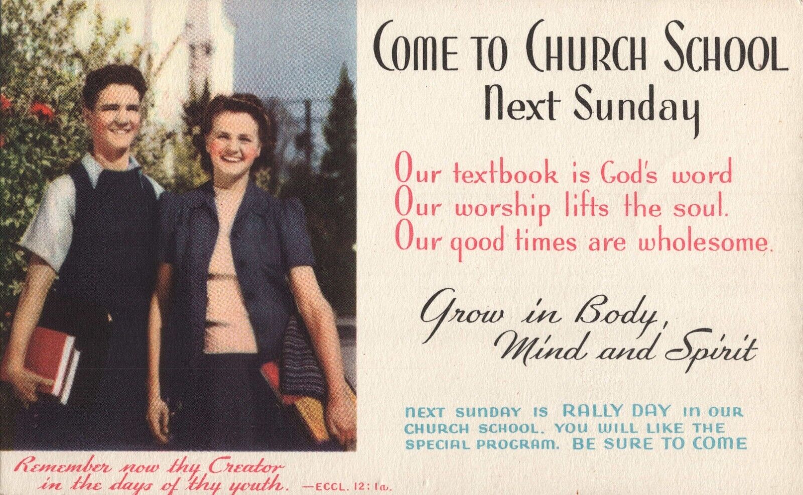 Come to Church School Next Sunday Religious Vintage 1946 Postcard