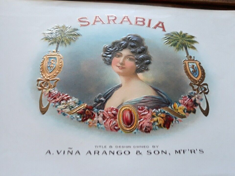 ANTIQUE VINTAGE CIGAR BOX Label SARABIA brand CIGARS Embossed gold LITHOGRAPH