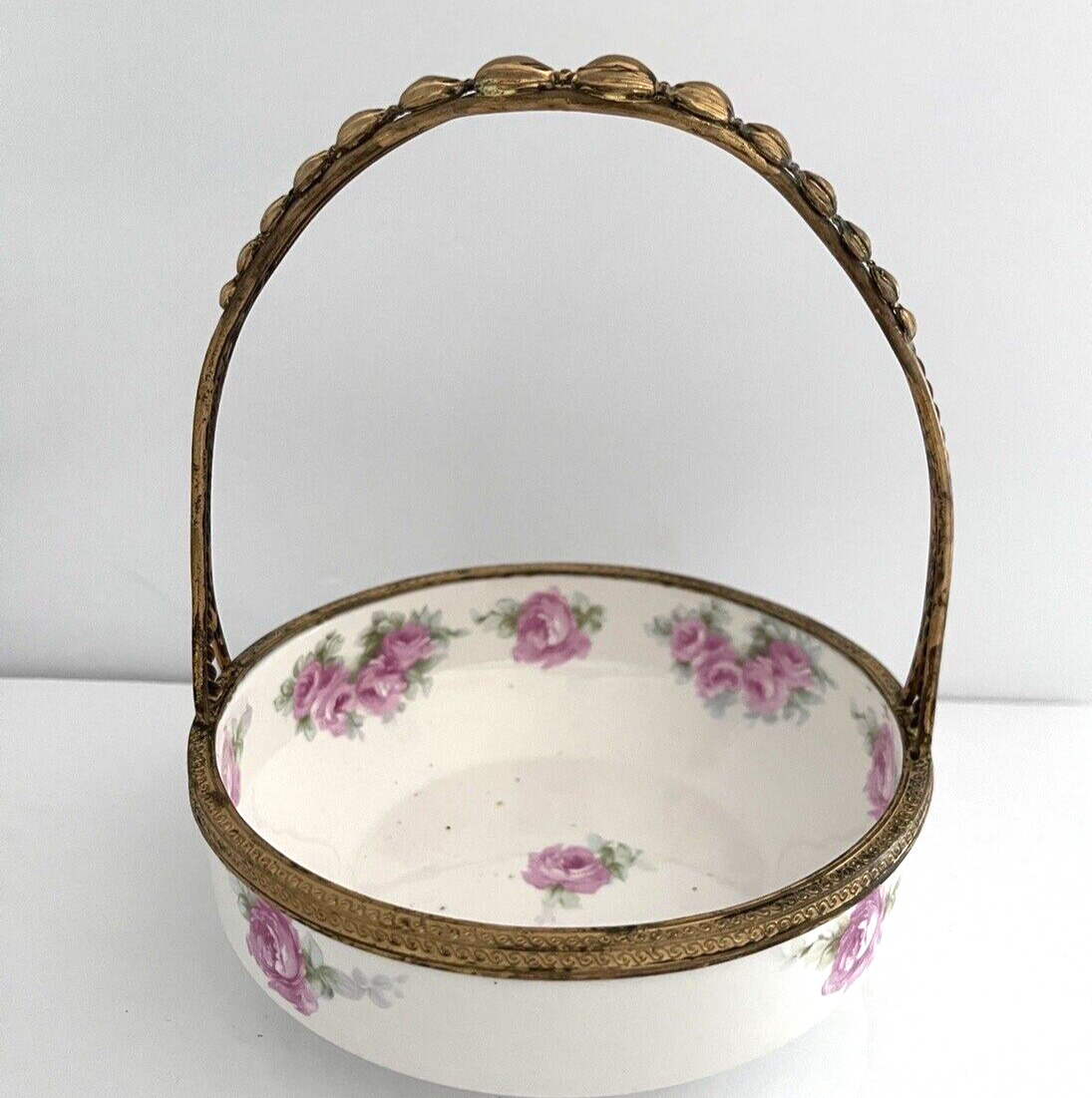 Antique Max Roesler German Porcelain Basket Dish Gilding Roses Rodach 5\