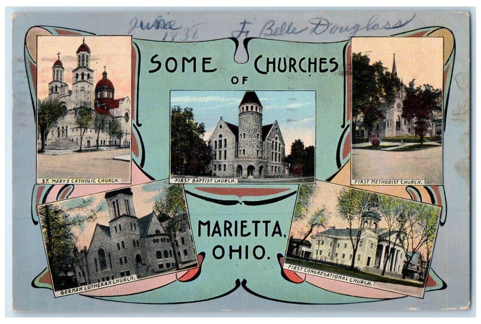 1938 Some Churches Exterior Multiview Marietta Ohio OH Vintage Antique Postcard