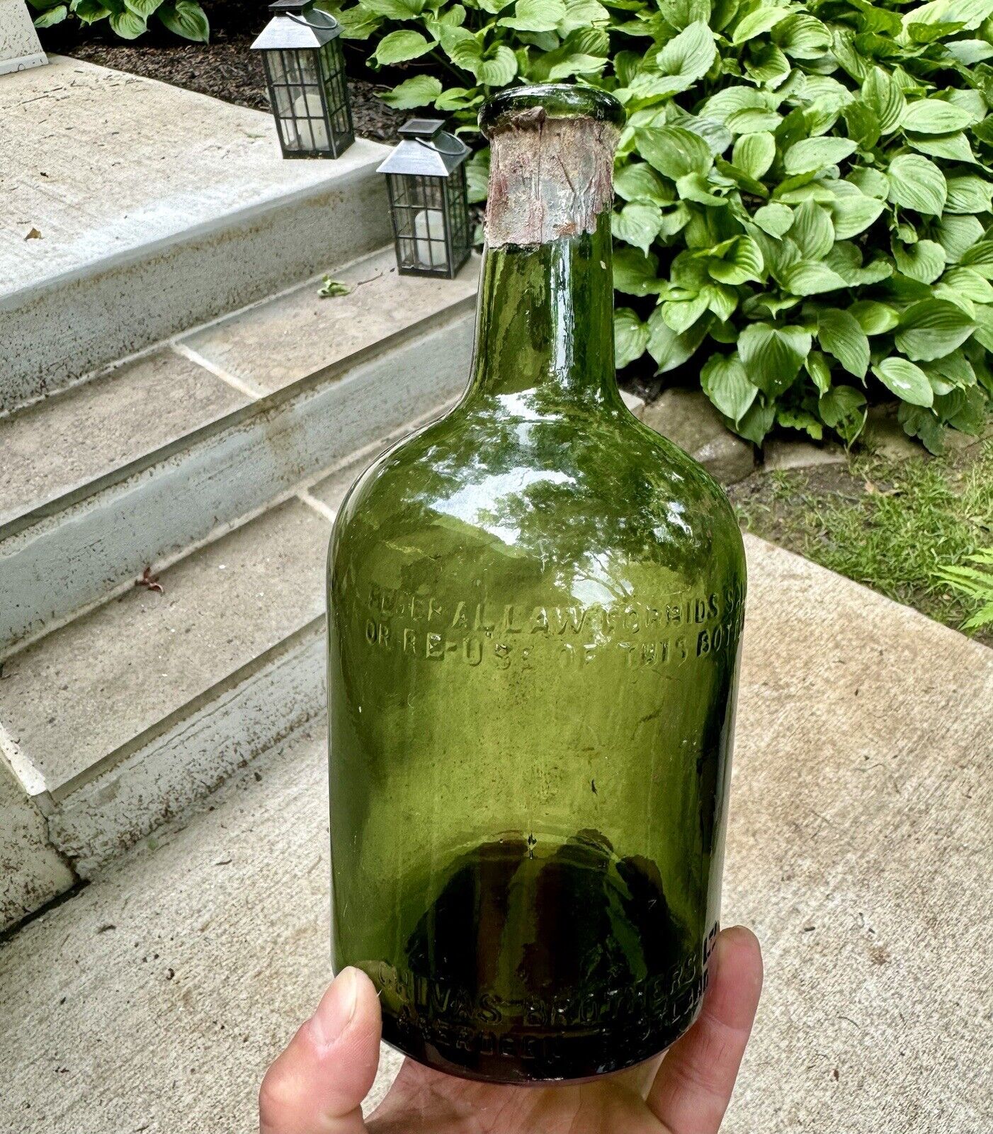 Vintage Embossed Chivas Brothers Aberdeen Scotland Scotch Whiskey Bottle Olive
