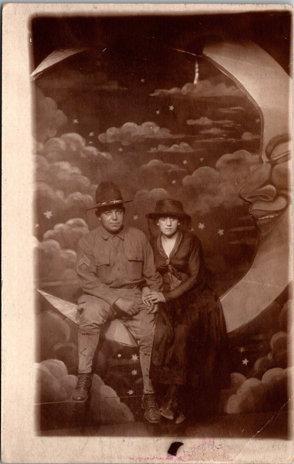 RPPC Postcard Paper Moon Sergeant Solider Wife WWI Era Uniform 1910-1930 JC15