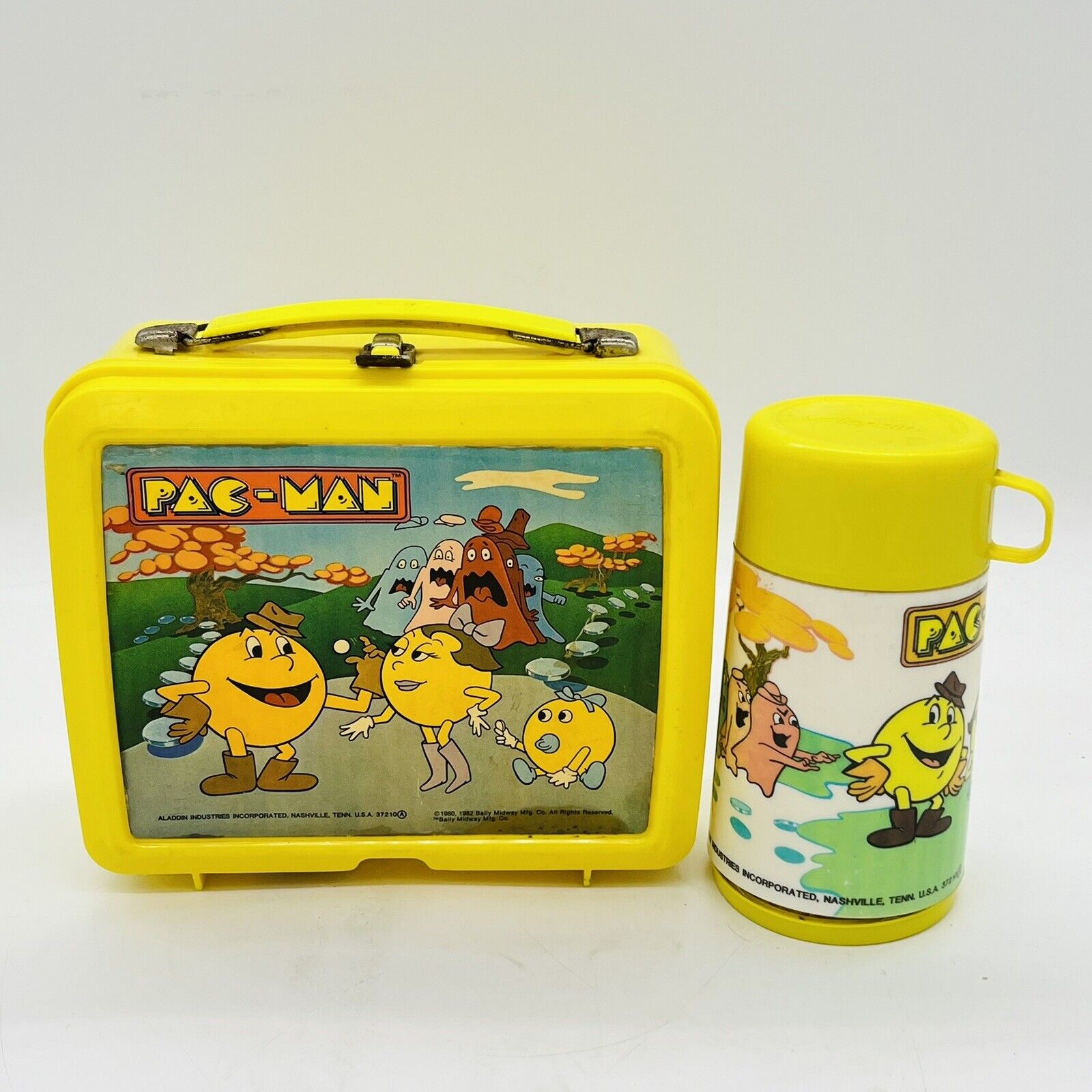 PAC-MAN Aladdin Yellow Plastic Lunchbox With Thermos 1982 Miss Pac-Man *Read*