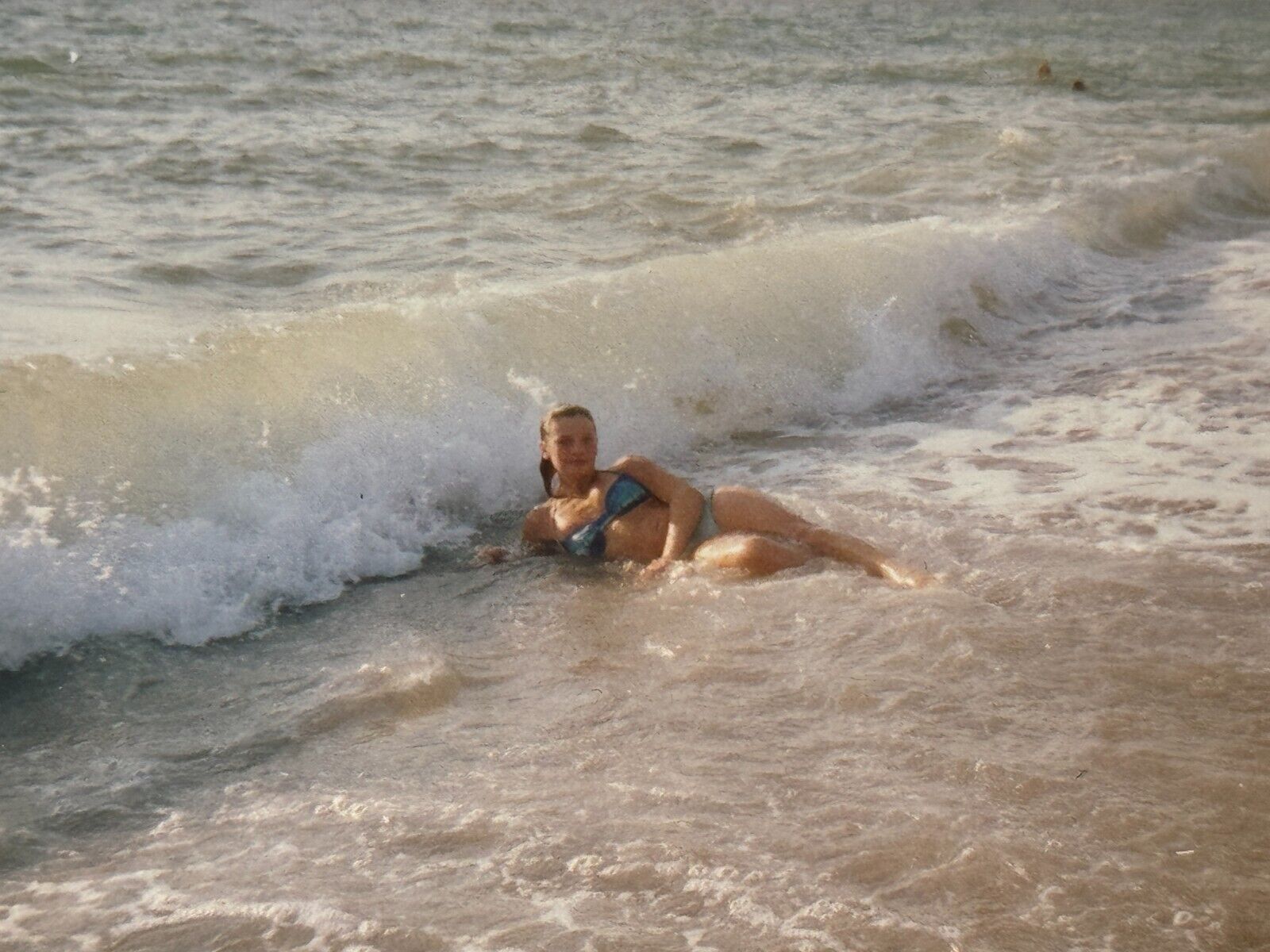 2013 Young Pretty Woman Bikini Lies in the Sea Waves Vintage Photo